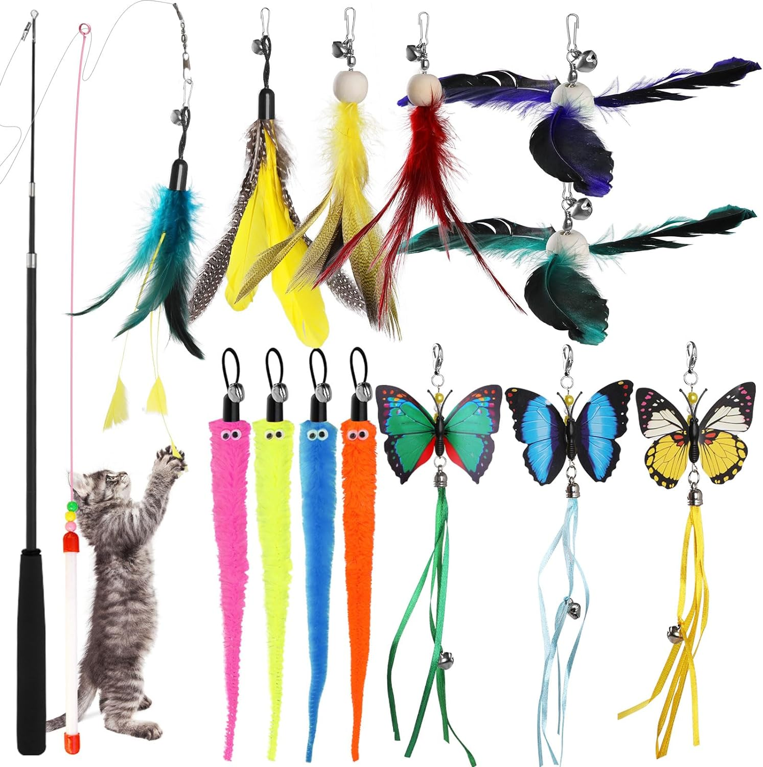 Cat Toys for Indoor Cats, 16 Pieces Interactive Cat Toys, Retractable Cat Wand Toy, Cat Feather Toys Refills, Butterfly Toys Cat Fishing Pole Toy for Bored Indoor Cats Chase and Exercise image number 4