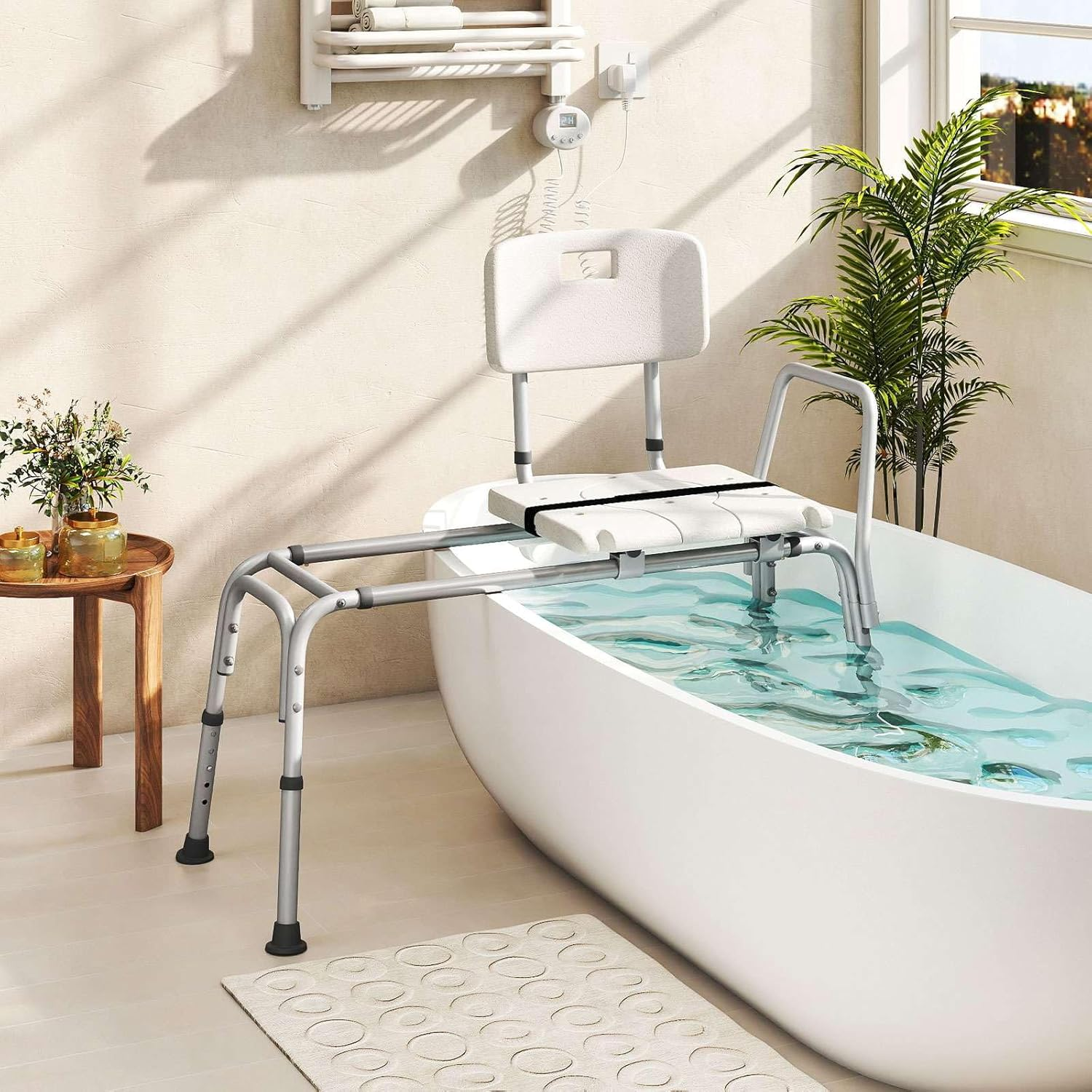 Costway Sliding Tub Transfer Bench, Height Adjustable inside Bathtub Chair with Extra-Wide Seat, Backrest, Armrest and Safety Belt, Non-Slip Shower Chair for Elderly and Disabled image number 3