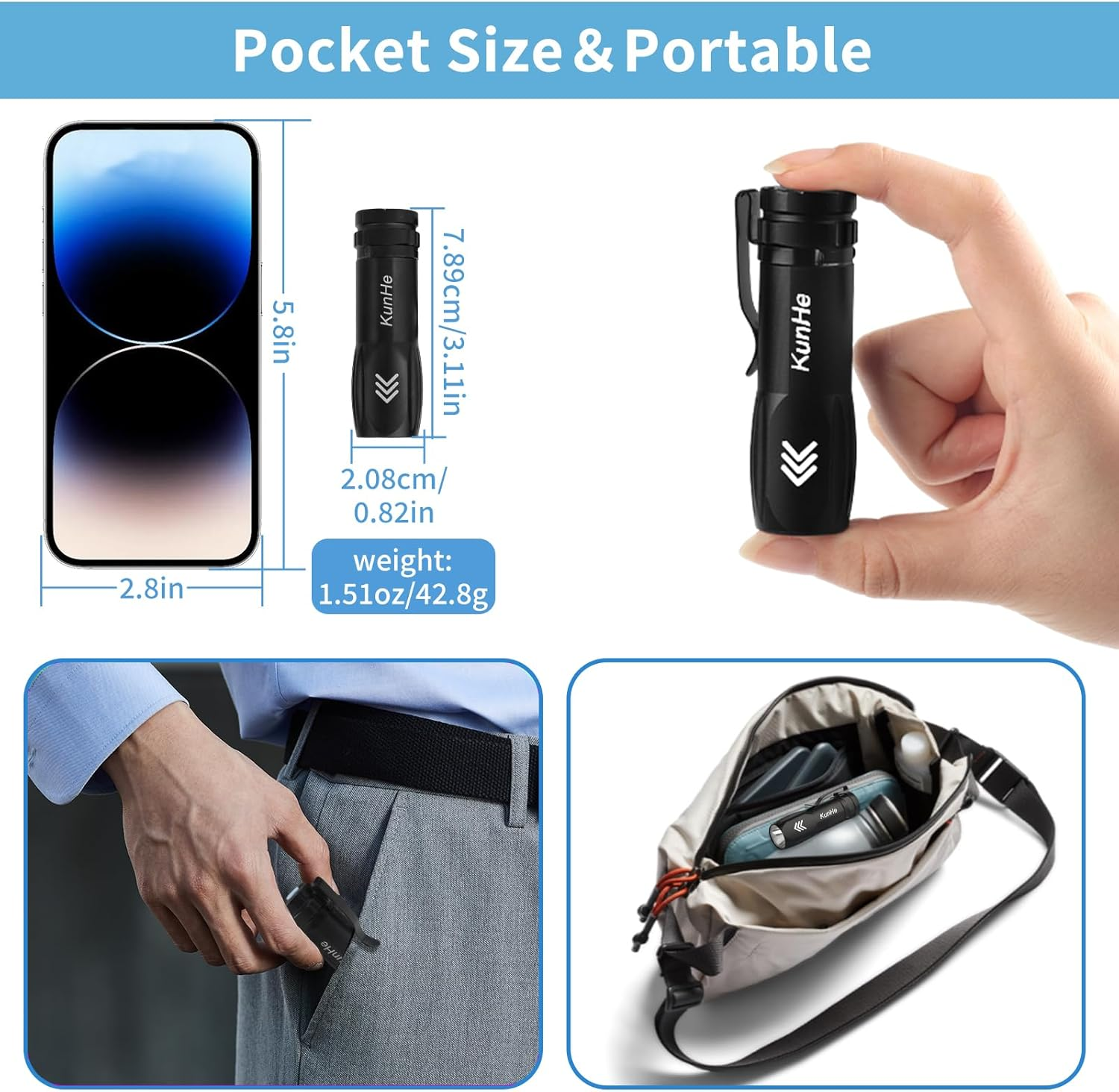 Kunhe 2Pack Mini UV 365Nm Flashlight 3W Rechargeable Powerful UV Flashlight for Hotel Cleaning Pet Stain Detection Scorpion Seeking Mineral Identification Resin Curing image number 1