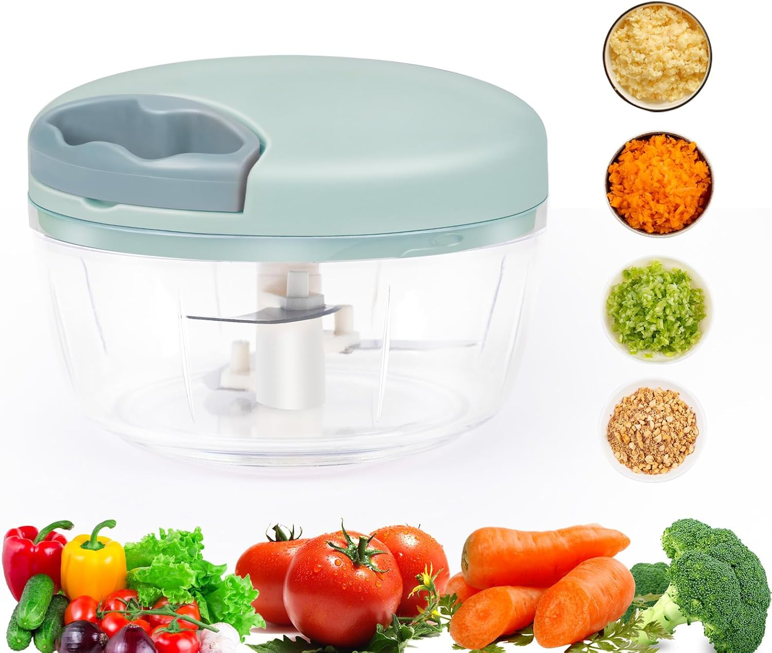 Manual Food Chopper Vegetable Chopper, 500ML Garlic Mincer Hand Pull String Onion Cutter for Veggies, Meat, Ginger, Peppers, Fruits, Nuts, Herbs(Green) image number 2