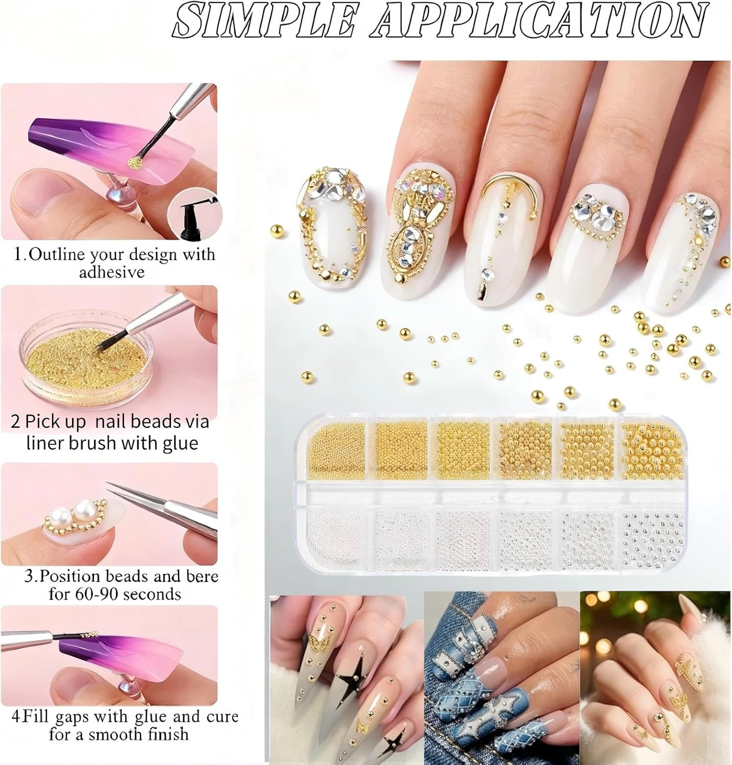 CKONXE Mini Metal Nail Beads Set, 0.8-3.0Mm, for Women Manicure Charm Beads, Gold Silver Bead Nail Art, DIY for Nail Art, Mobile Phone Cases, Wedding Dresses, Cards, Scrapbooks, Birthdays, Christmas Party Decorations image number 4