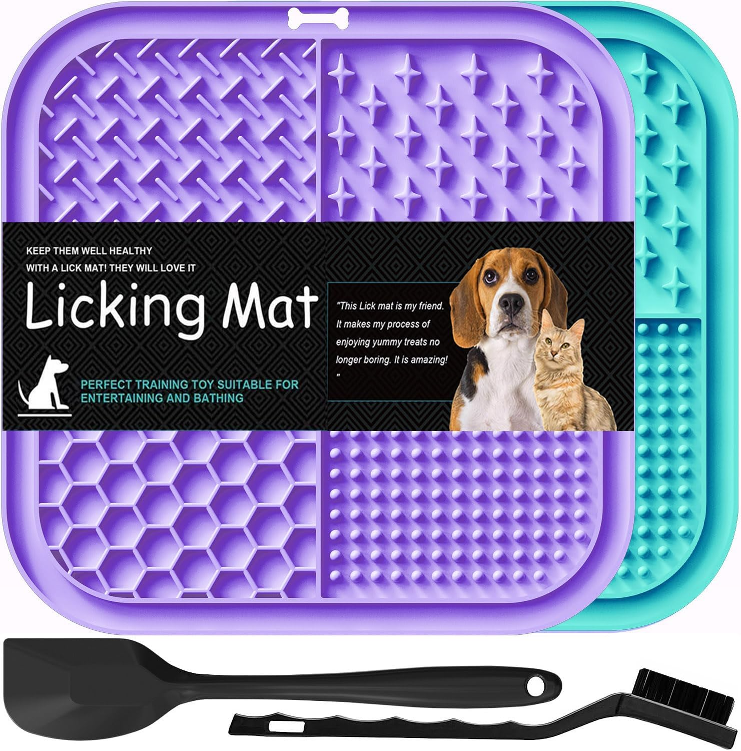 Lesipee Licking Mat for Dogs & Cats 2 Pack, Slow Feeder Lick Pat, Anxiety Relief Dog Toys Feeding Mat for Butter Yogurt Peanut, Pets Supplies Bathing Grooming Training Calming Mat (Blue&Green) image number 3