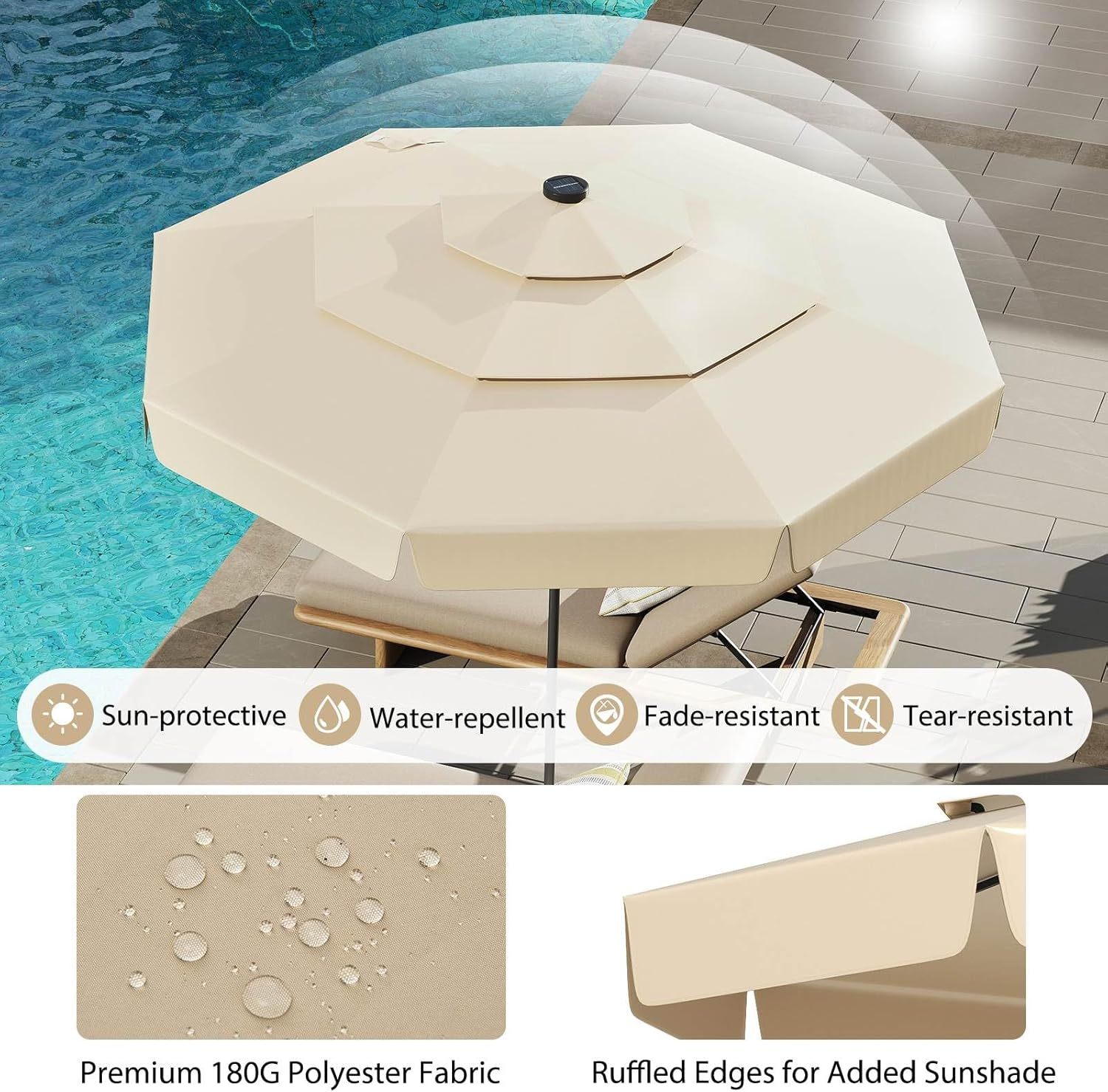 Costway 3M Solar Patio Umbrella W/ 32 LED Lights, 3-Tier Vented Top, Ruffles, Tilt Adjustment, Easy Crank, 8 Ribs, Outdoor Yard Poolside Deck Beach Lawn Market Sunshade, Heavy-Duty Table Parasol - Taupe image number 4