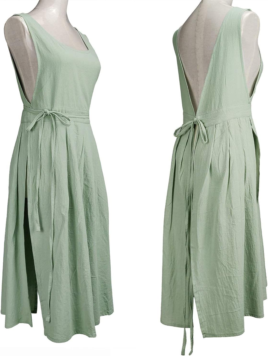 Women Girls Vintage Pleated Split Apron V Neck Gardening Works Cotton Overall Smock Pinafore Dress - Green image number 5