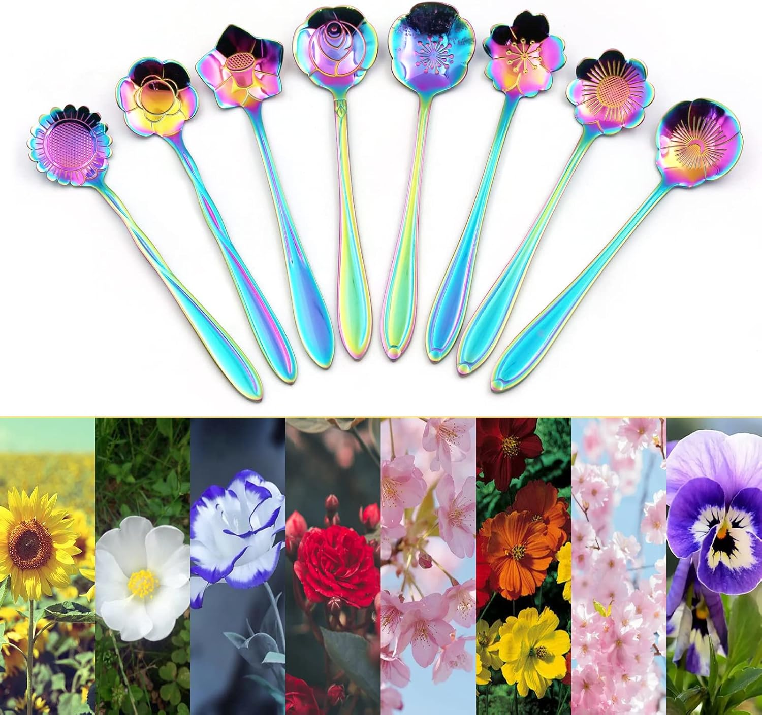 Niceeshop Stainless Steel Flower Spoon Set - Colorful Coffee and Tea Mixing Spoons - Rainbow Sugar Spoon Set of 8 image number 6