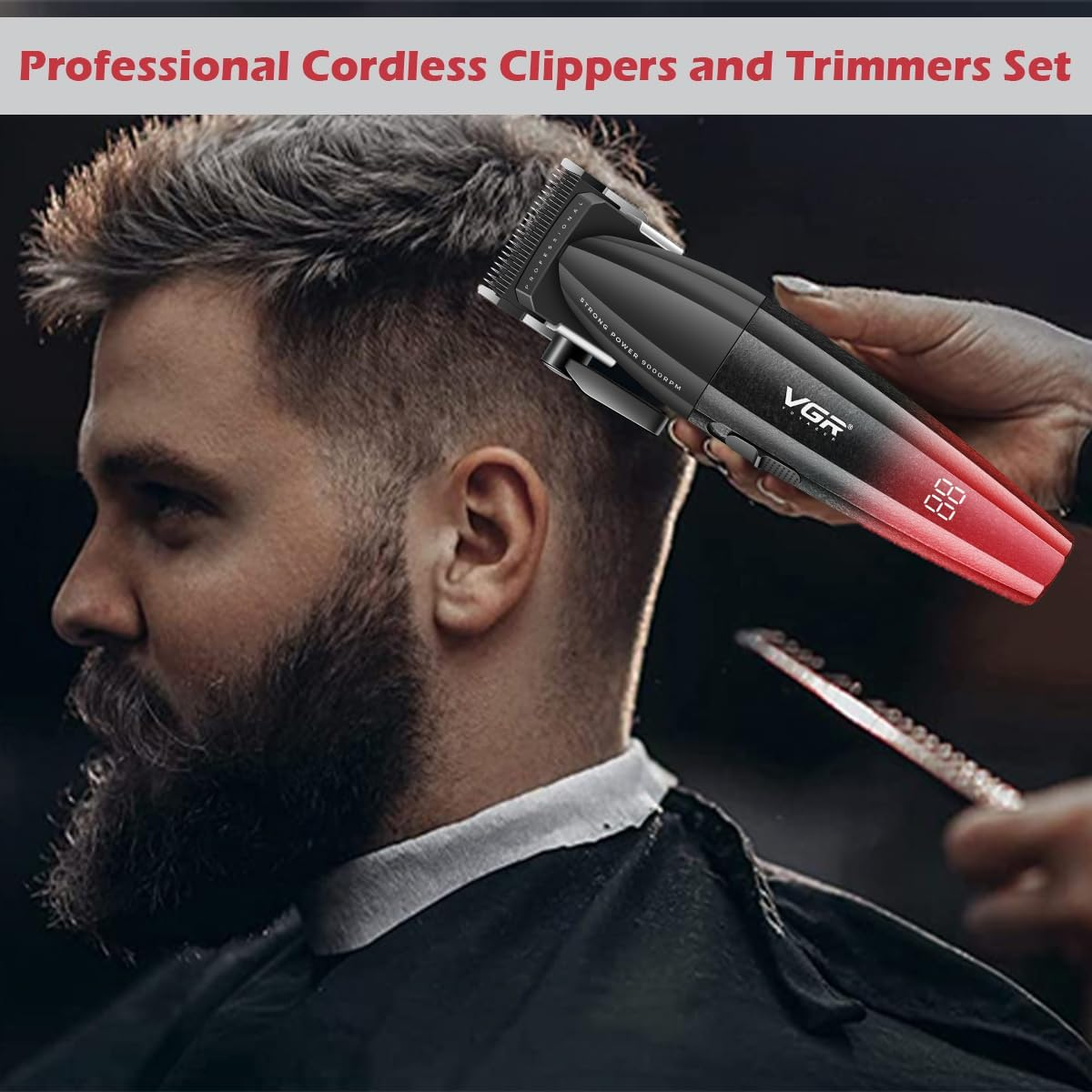 VGR 640 Professional Hair Clippers for Men, 9000RPM Cordless Barber Clippers and Trimmers Set, Zero Gap T-Blade Hair Cutting Kit, DLC Coated Ceramic Blade Barber Kit with LED Display(Red) - Red image number 2