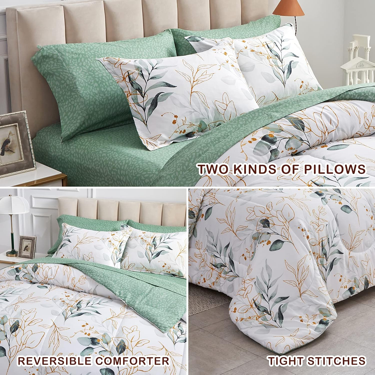 Joyreap 7 Piece Bed in a Bag Queen, Green Leaves Printed on White Botanical Design, Microfiber Set for All Season (1 Comforter, 2 Pillow Shams, 1 Flat Sheet, 1 Fitted Sheet, 2 Pillowcases) image number 1