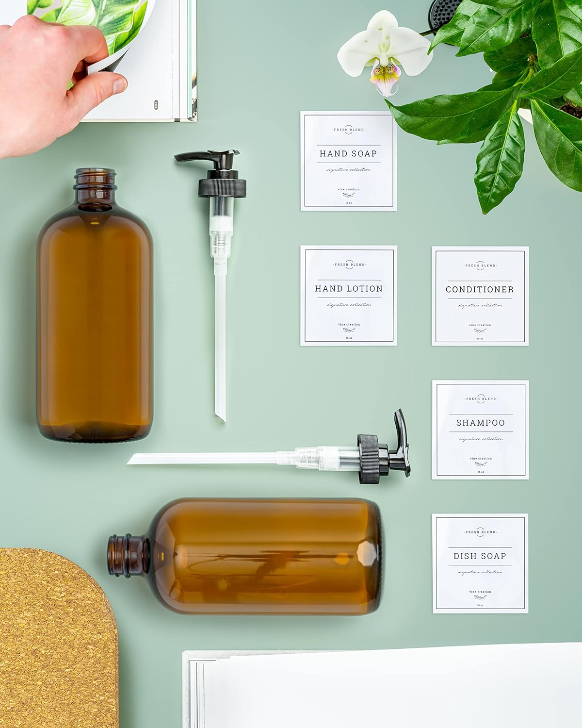 Vine Creations Amber Glass Soap Dispenser 2 Pack, Thick 16Oz Glass Bottles with Black Plastic Pump, Modern Kitchen Bathroom Decor, Hand Soap and Dish Soap Dispenser Jar, with Waterproof Labels (Amber) - Amber image number 4