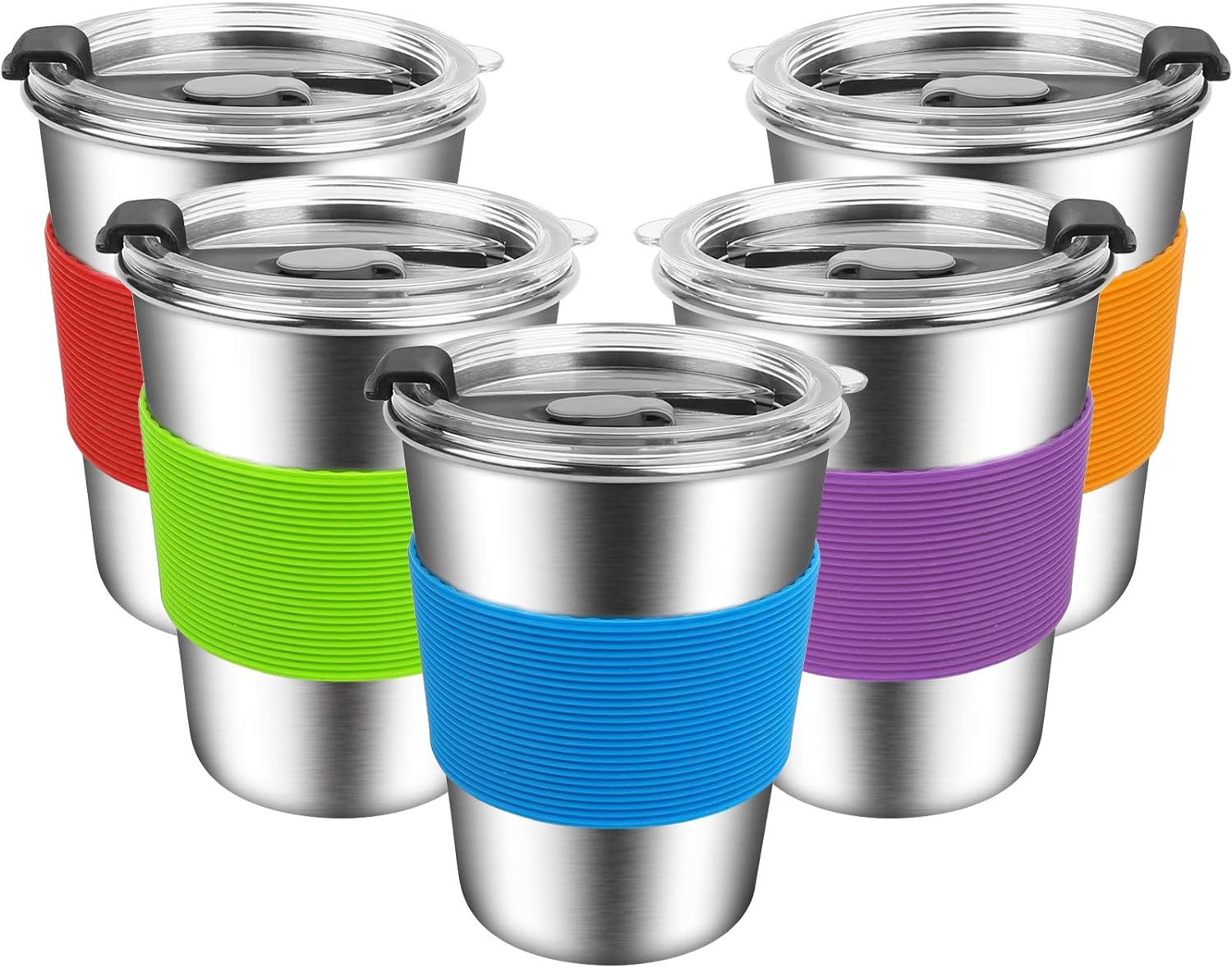 Shineme Kids Stainless Steel Cups,12Oz Kids Metal Drinking Glasses with Lids and Sleeves, 5Pack Reusable Water Tumbler for Children and Adults Spill Proof, Apply to Indoor and Outdoor