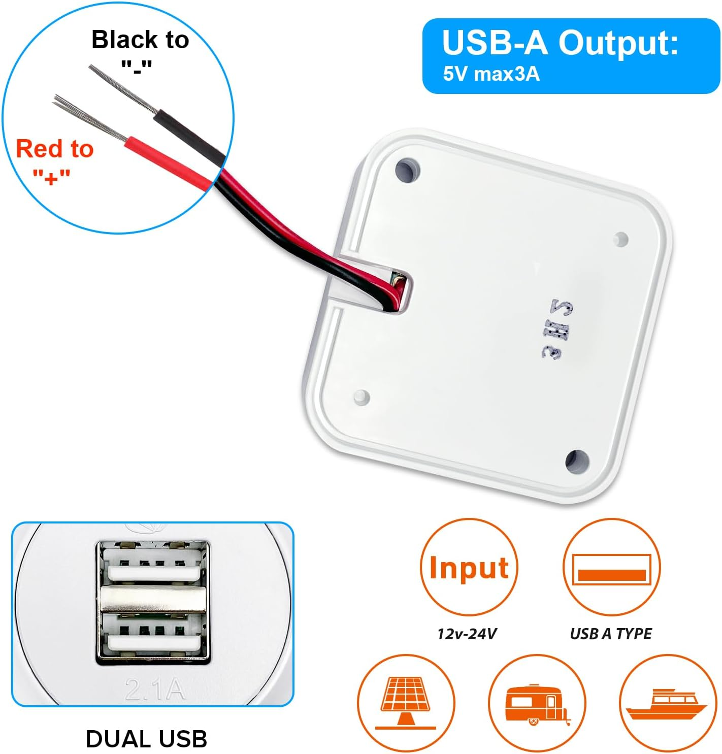 Dream Lighting 12V USB Charger Type a 12V-24V DC Dual USB Portal Wall Charger Caravan Motorhome RV Boat image number 6