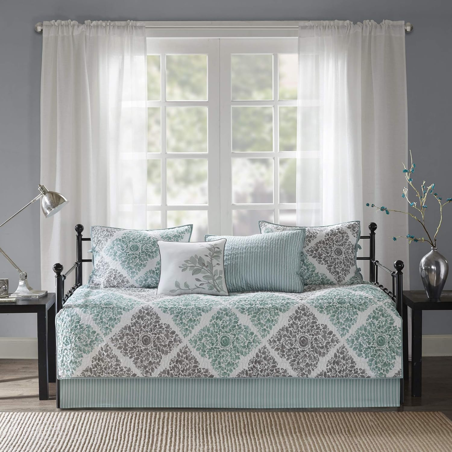 Madison Park Daybed Cover Set - Double Sided Quilting Casual Design, All Season Bedding with Bedskirt, Matching Shams, Decorative Pillow, 75"X39", Diamond Aqua 6 Piece image number 3