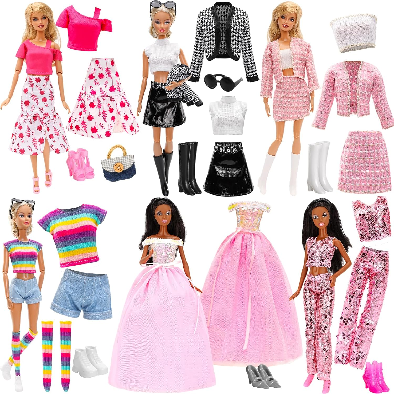 6 Set Doll Clothes Include Chic Suits Party Gown Sequin Outfit Stylish Dress with 6 Pairs of Shoes 3 Accessories for Storytelling Girl Dolls Clothing Set for 11.5 Inch Girl Dolls Fashion Pack