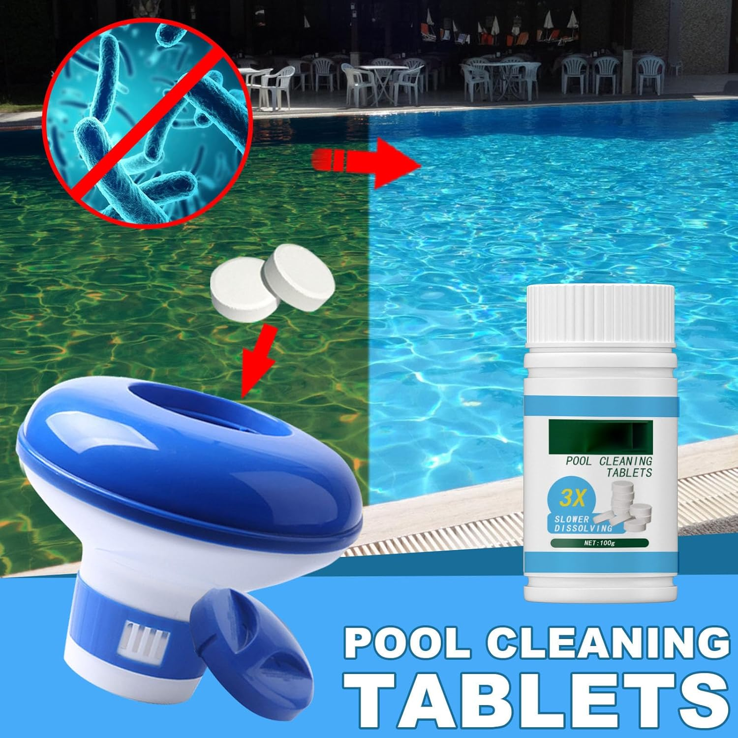 Refreshpool Quick Pool Cleaning Tablet, Pool Chlorine Tablets, Chemical Dispenser Pool Cleaning Tools, for Swimming Pools, Spa, Hot Tub, Kitchen Sinks, Toilets, 100Pcs (A) - B image number 5