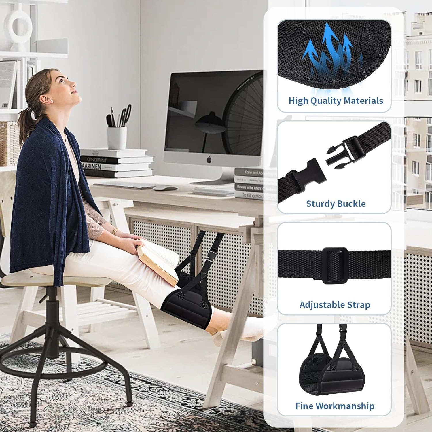 Airplane Foot Hammock (Memory Foam) - Perfect Airplane Footrest to Relax Your Feet | Foot Hammock for Travel & Desk Use, Travel Essentials with Eye Mask and Earplugs image number 5