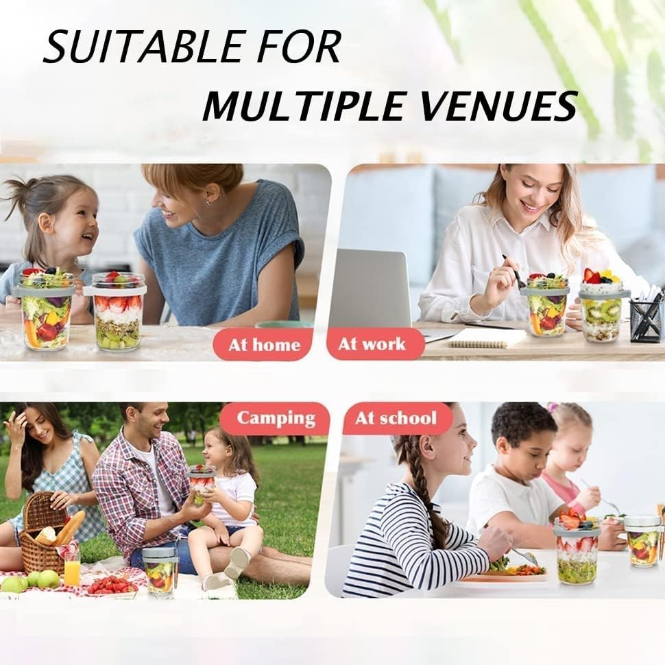 HJB VISSO Glass Jars, Overnight Oats Container with Lid and Spoon [4 Pack], Overnight Oats Jars, 350Ml / 10 Oz Cereal, Milk, Vegetable and Fruit Salad Storage Container with Measurement Marks