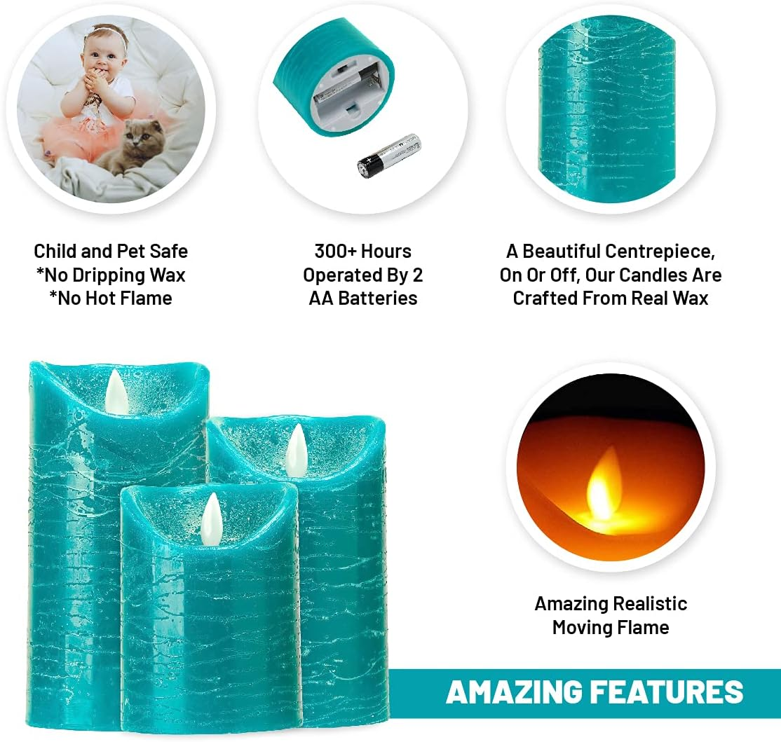 Flameless Candles Flickering LED | Battery Operated Electric Pillar Candle | Realistic Moving Flame Flicker with 2 Remote Controls & Timer | Real Wax Tempo Teal | Great Home Decor | Decorative Gift