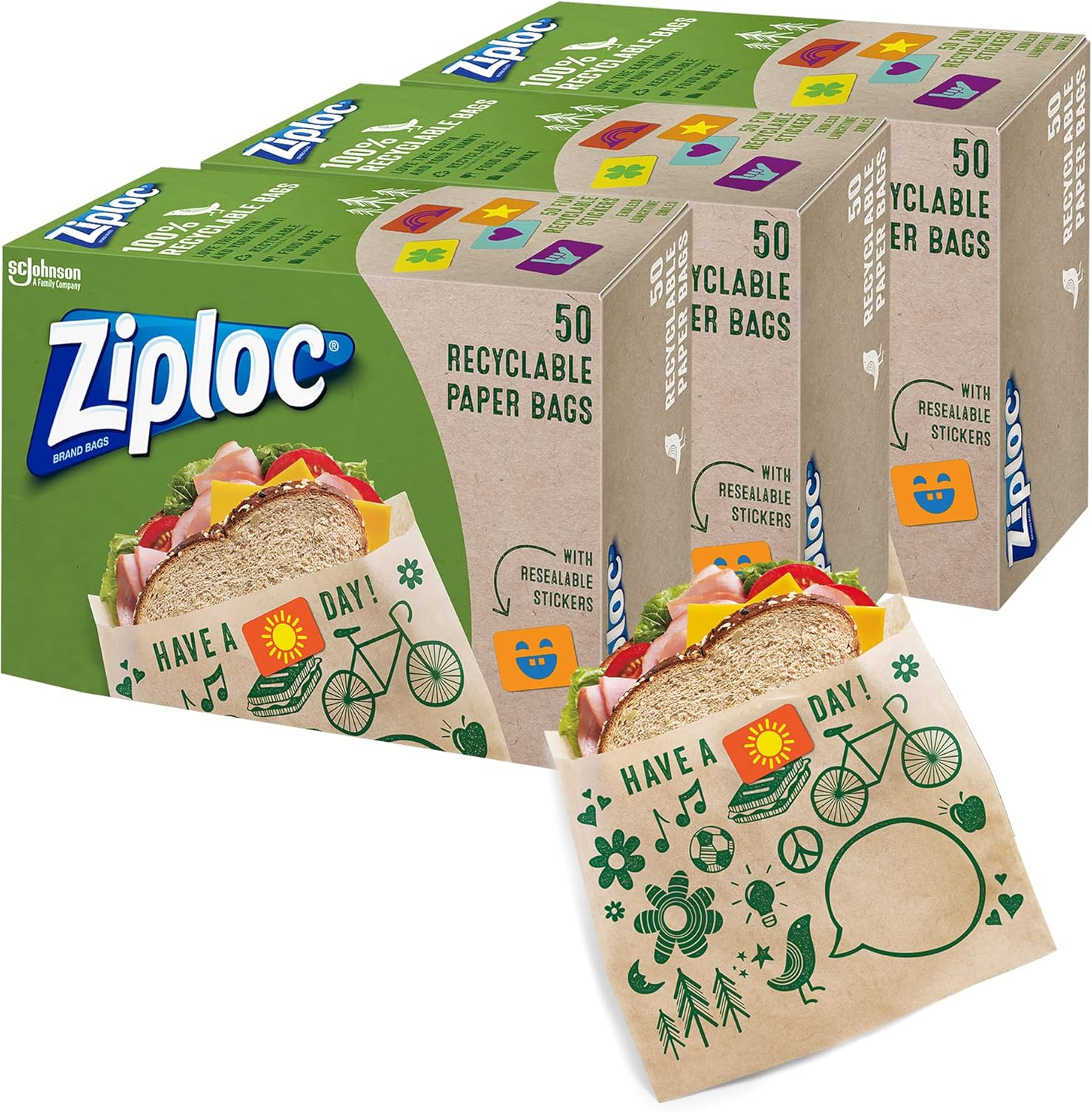 Ziploc Paper Sandwich & Snack Bags, Recyclable & Sealable with Fun Designs, 50 Count, Pack of 3 (150 Total Bags) image number 4