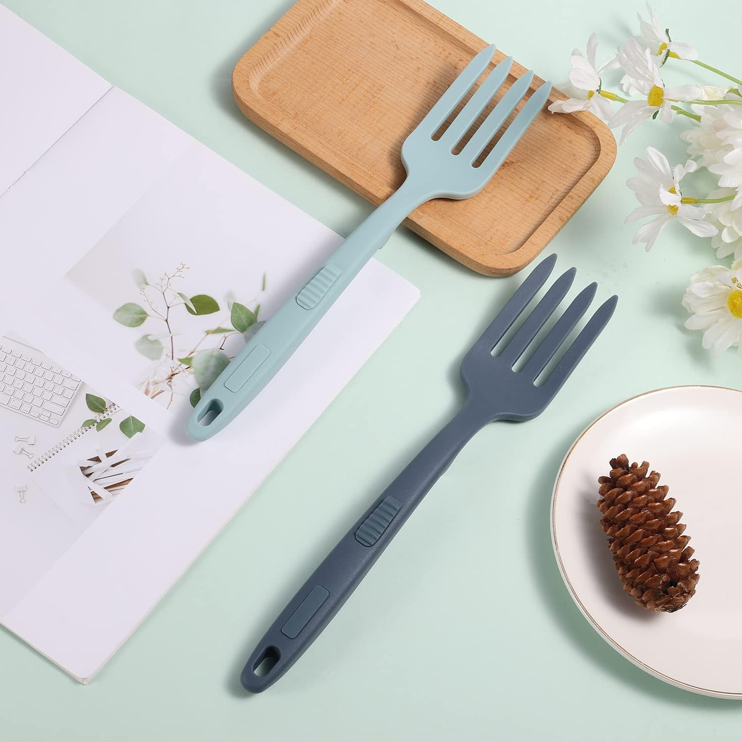 2Pcs Silicone Flexible Forks, Silicone Cooking Fork Heat Resistant, Multifunctional Nonstick Blending Fork for Cooking Utensil for Kitchen Stir Mix Mash (Lake Blue, Dark Blue) image number 4