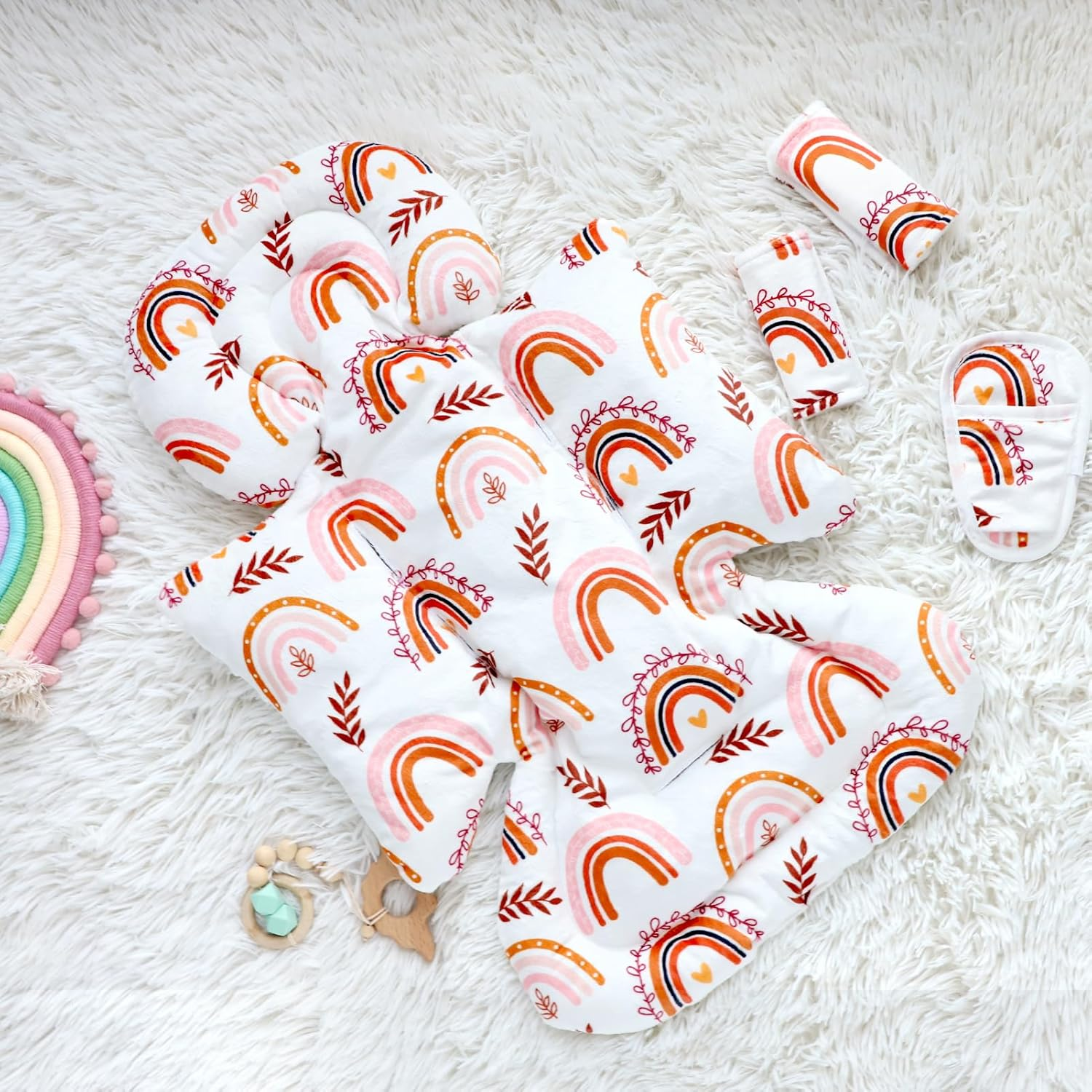 Pea Pod Infant Car Seat Insert with 3 Strap Covers, 3 in 1 Reversible Rainbow Baby Car Seat Head Support for Newborn, 3D Soft Carseat Cushion for Preemie to Infant, Stroller, Swing, Bouncer image number 2