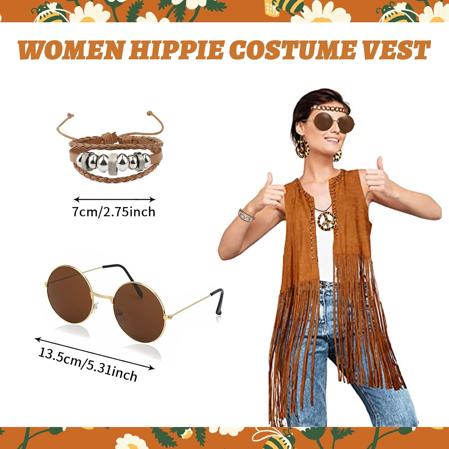 6Pcs Hippie Costume Clothes Accessories for Women, 60S 70S Fancy Dress Hippy Set Disco Outfits for Halloween Carnival image number 2