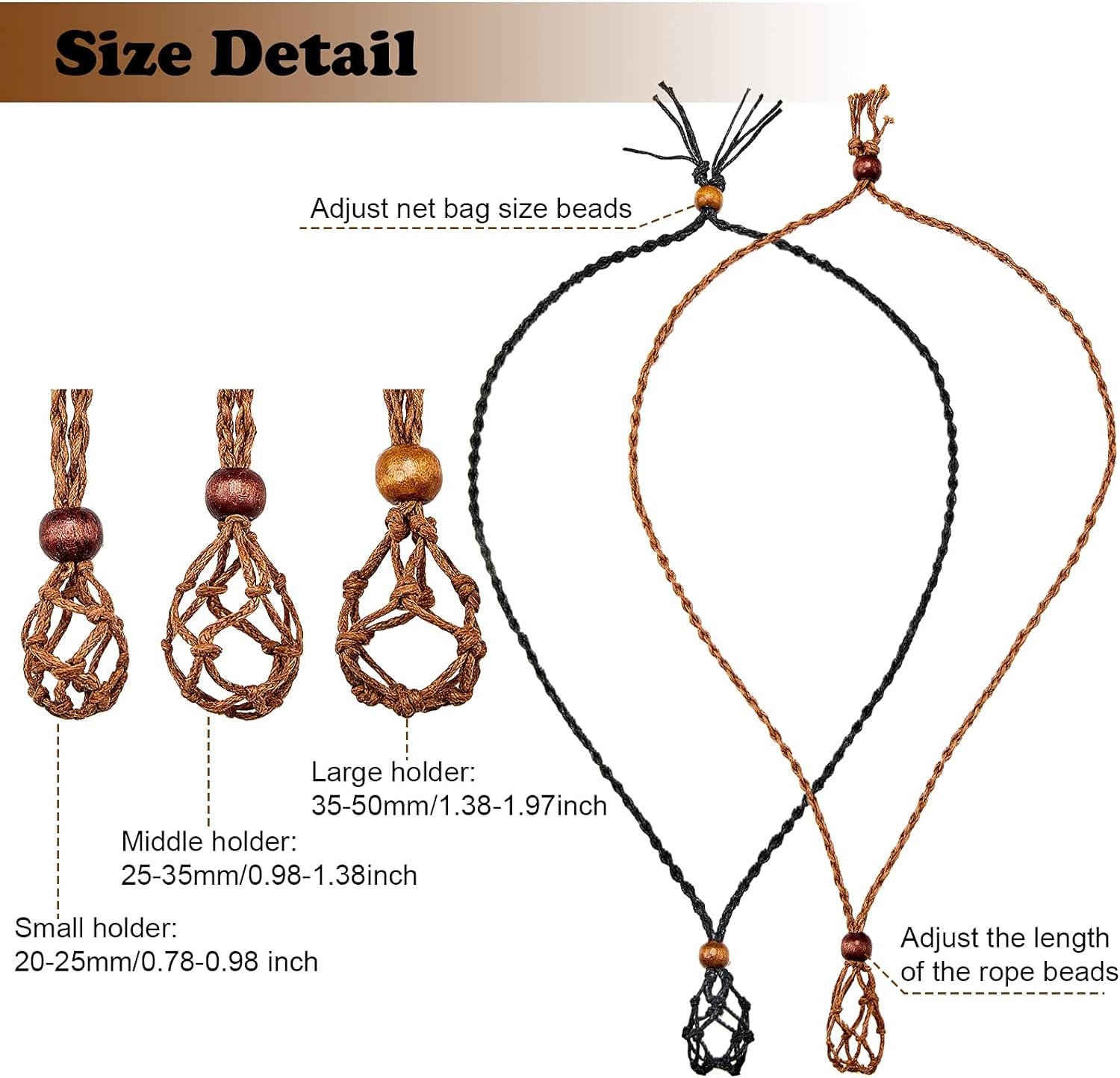 Hicarer 6 Pieces Necklace Cord Empty Stone Holder Empty Necklace Holder Quartz Crystal Stone Cord, 3 Sizes Adjustable Cage Fish Netted for DIY Jewelry Making(Black,Brown) image number 3