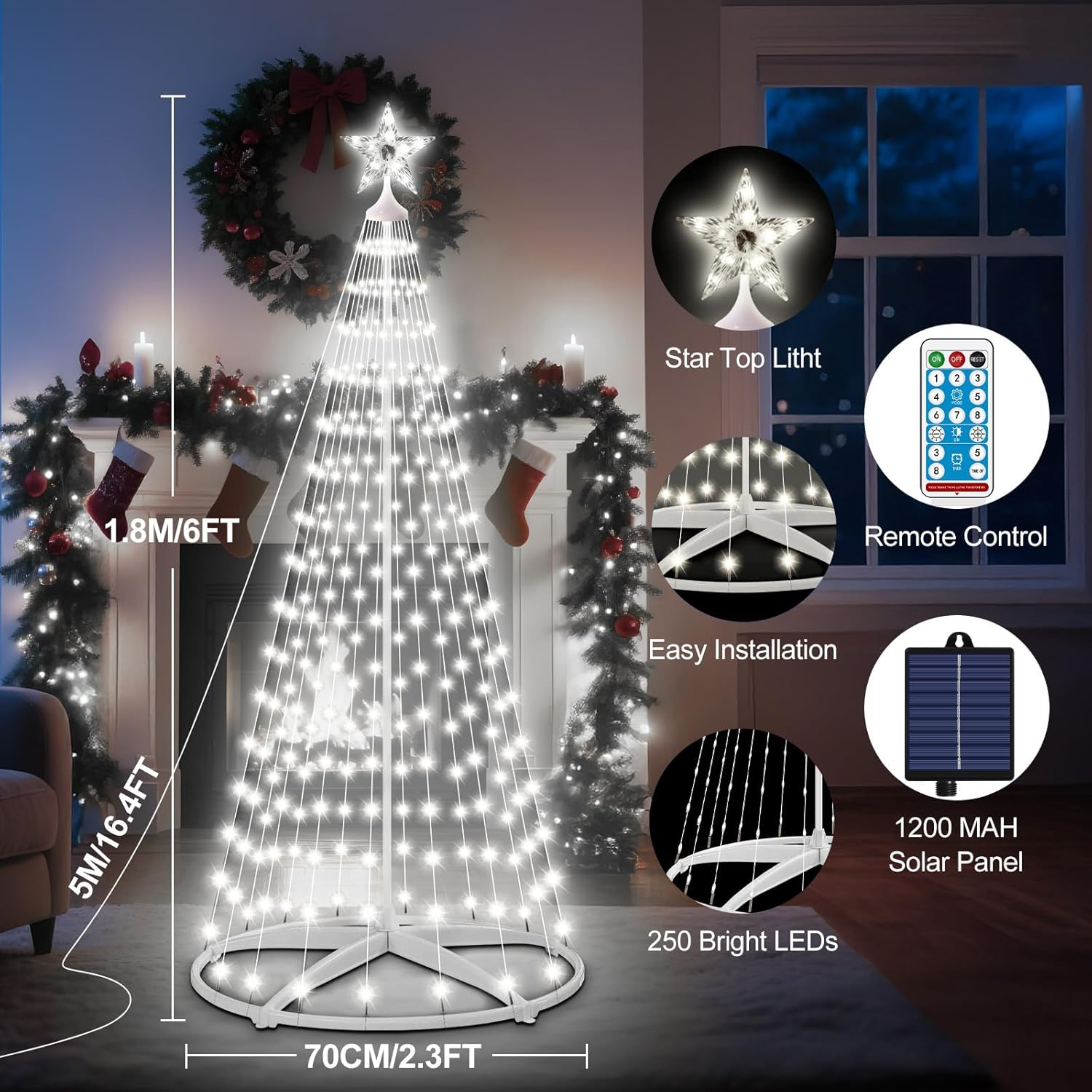 HELESIN Christmas Tree String Light, 1.8M 250 LED Cold White Christmas Decorations Outdoor, Christmas Lights with 8 Flash Modes for Porch Yard Patio Outdoor Xmas Holiday Christmas Decor