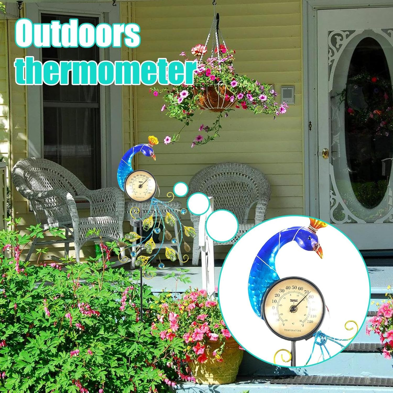 Outdoor Thermometer Peac-Ock Garden Stake, Solar Garden Stake Lights with Temperature Display, Decorative Outdoor Thermometers for Patio, Yard, Gard-En, Pathway image number 3