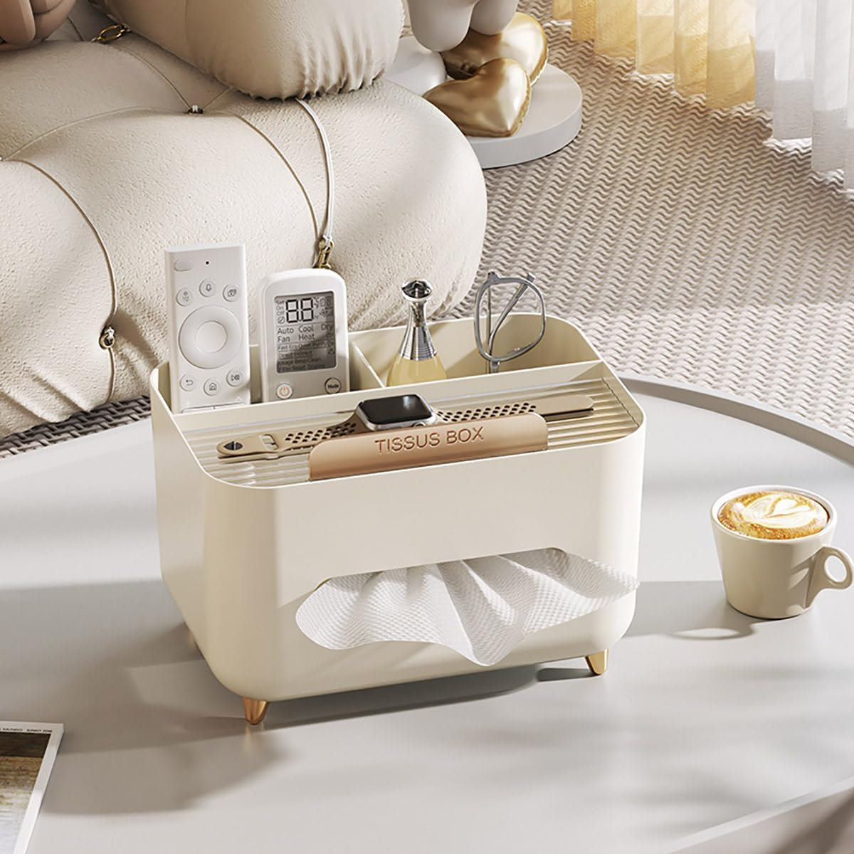 AIMALL Multifunctional Desk Organizer Tissue Box, Stylish Nordic Design for Living Room, Coffee Table, and Remote Control Storage 8.27&times;5.91&times;5.12 Inch - Beige image number 3