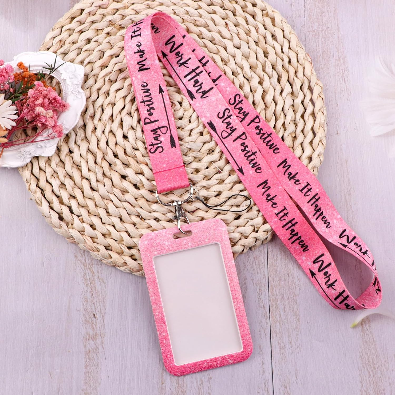 Pink Badge Holder Lanyard Cute Aesthetic Keychain Lanyard for Women Girls Teachers Kids for ID Badge & Keys Preppy School ID Holder(Positive Quote) image number 4