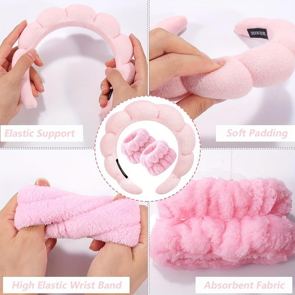 Sponge Headband Wristband Sets for Washing Face Makeup Headband Skincare Headband for Women Girls Spa Headband Terry Cloth Headband Soft Puffy Headband image number 4