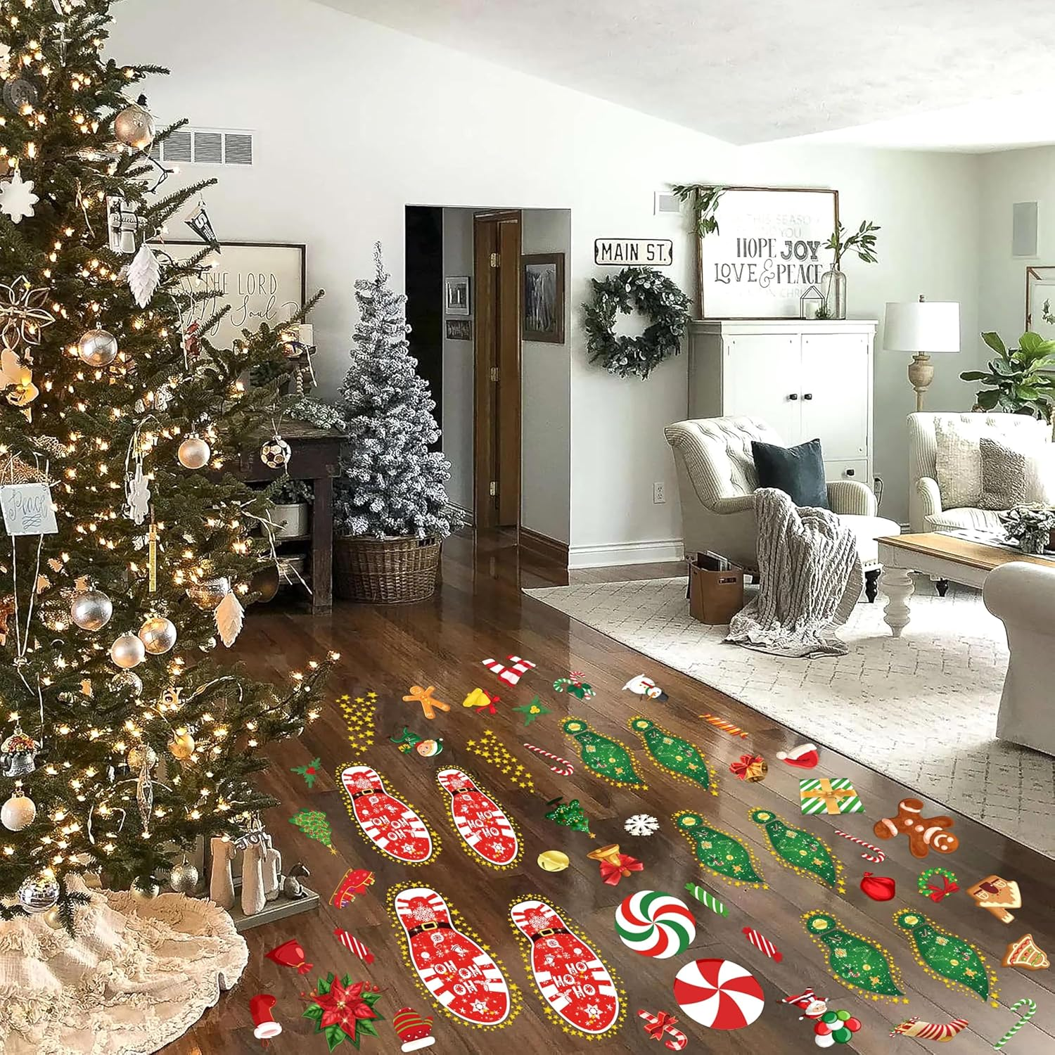 200PCS Christmas Peppermint Floor Clings Footprints Decorations - Santa Claus / Elf / Candy / Snowman Decals Xmas Party Decor Supplies image number 2