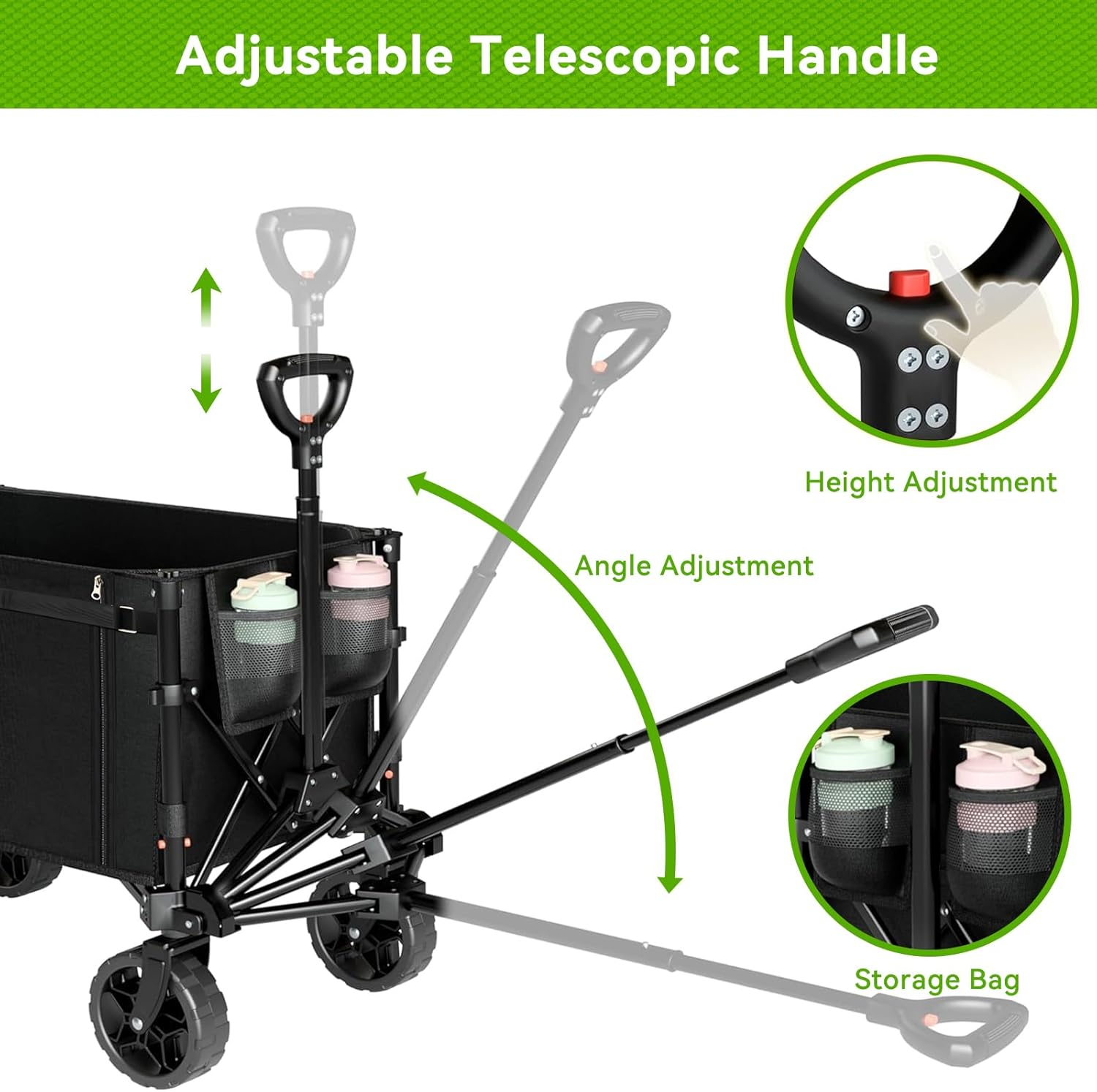 Collapsible Folding Wagon, Outdoor Utility Wagon, Adjustable Wagon Cart with All-Terrain Wheels & Drink Holders, Portable Grocery Wagon for Outdoor, Garden, Shopping, Camping, Grocery, Beach Storage image number 3