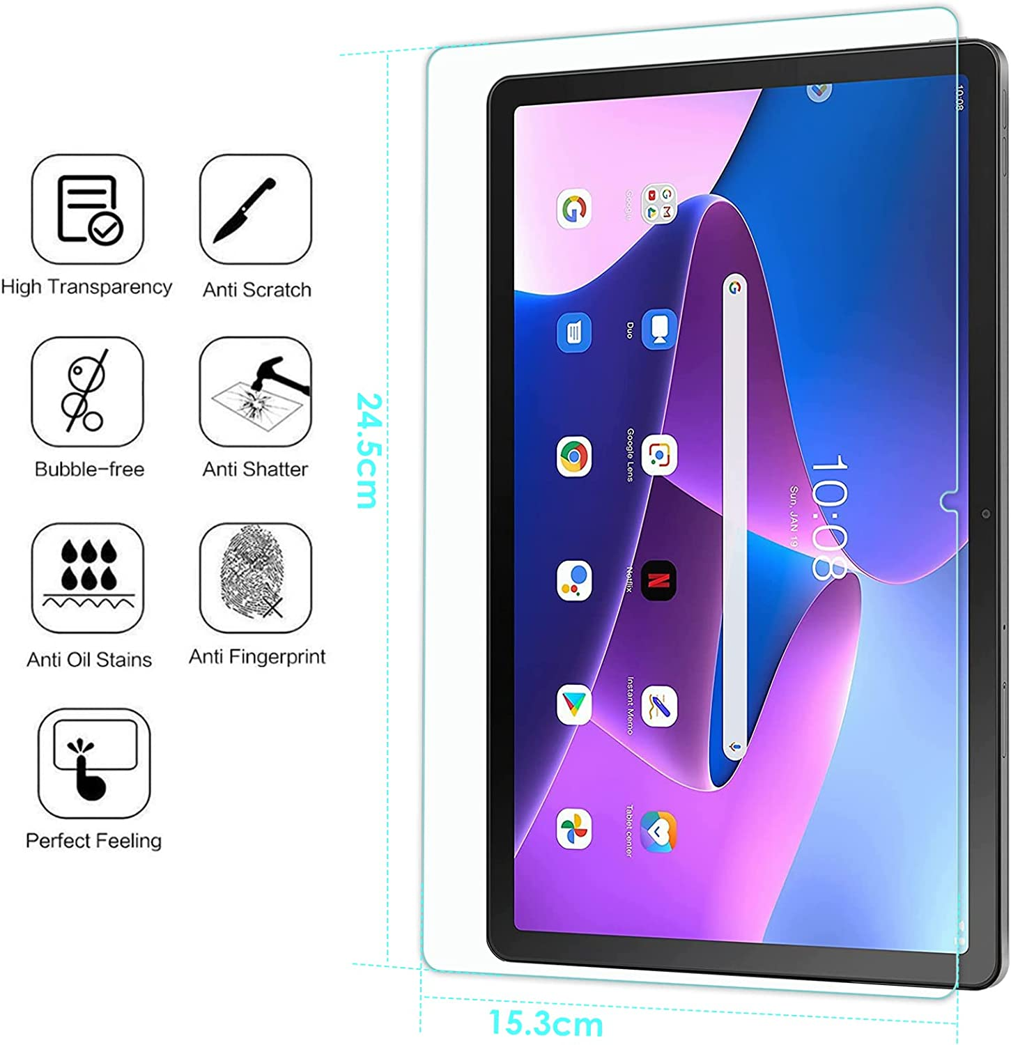 Bighan 2 Pack Screen Protector Compatible with Lenovo Tab M10 plus 3Rd Gen 10.61", 9H Hardness Tempered Glass Film Clear Anti-Bubble Full Coverage Foil image number 2