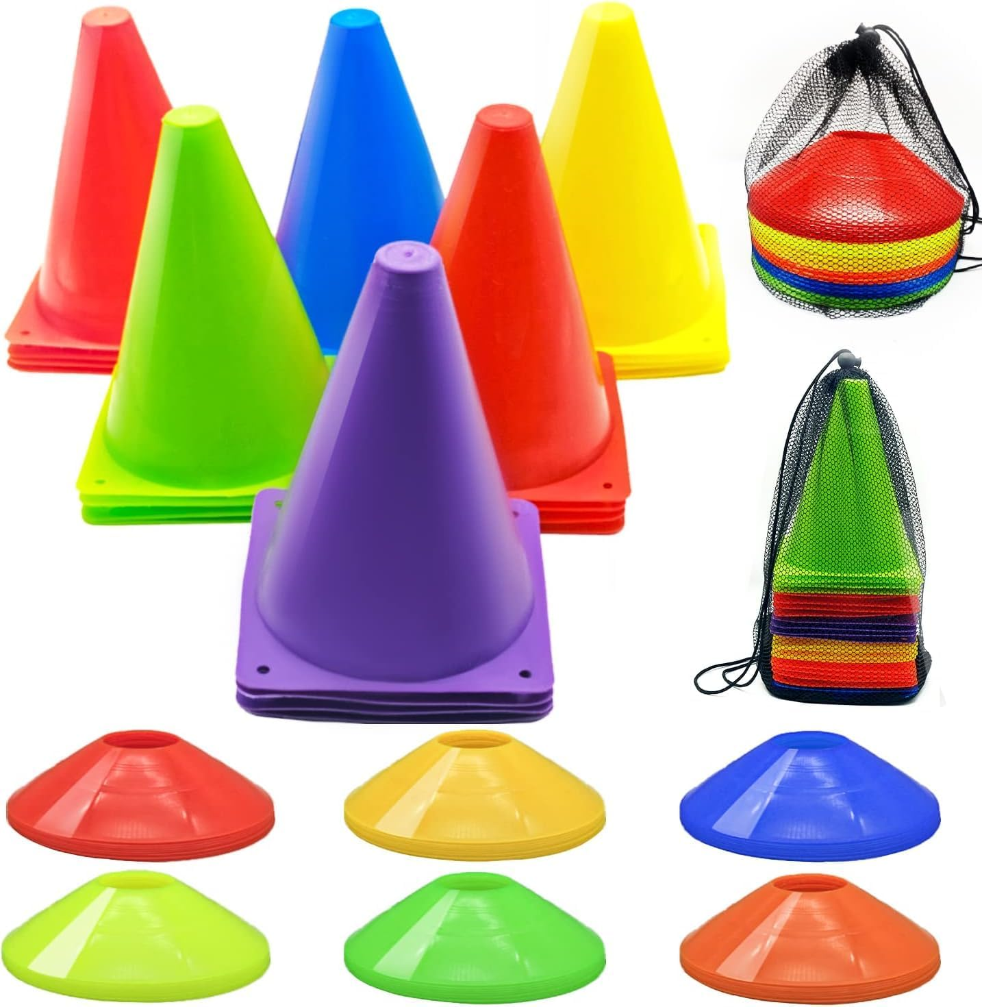 Cones Sports Set, 12Pcs Soccer Cones 7" / 9" with 30Pcs Disc Cones, Agility Soccer Cones with Carry Bag, Agility Field Marker, Soccer Cones for Training Kids, Plastic Soccer Cones for Drills