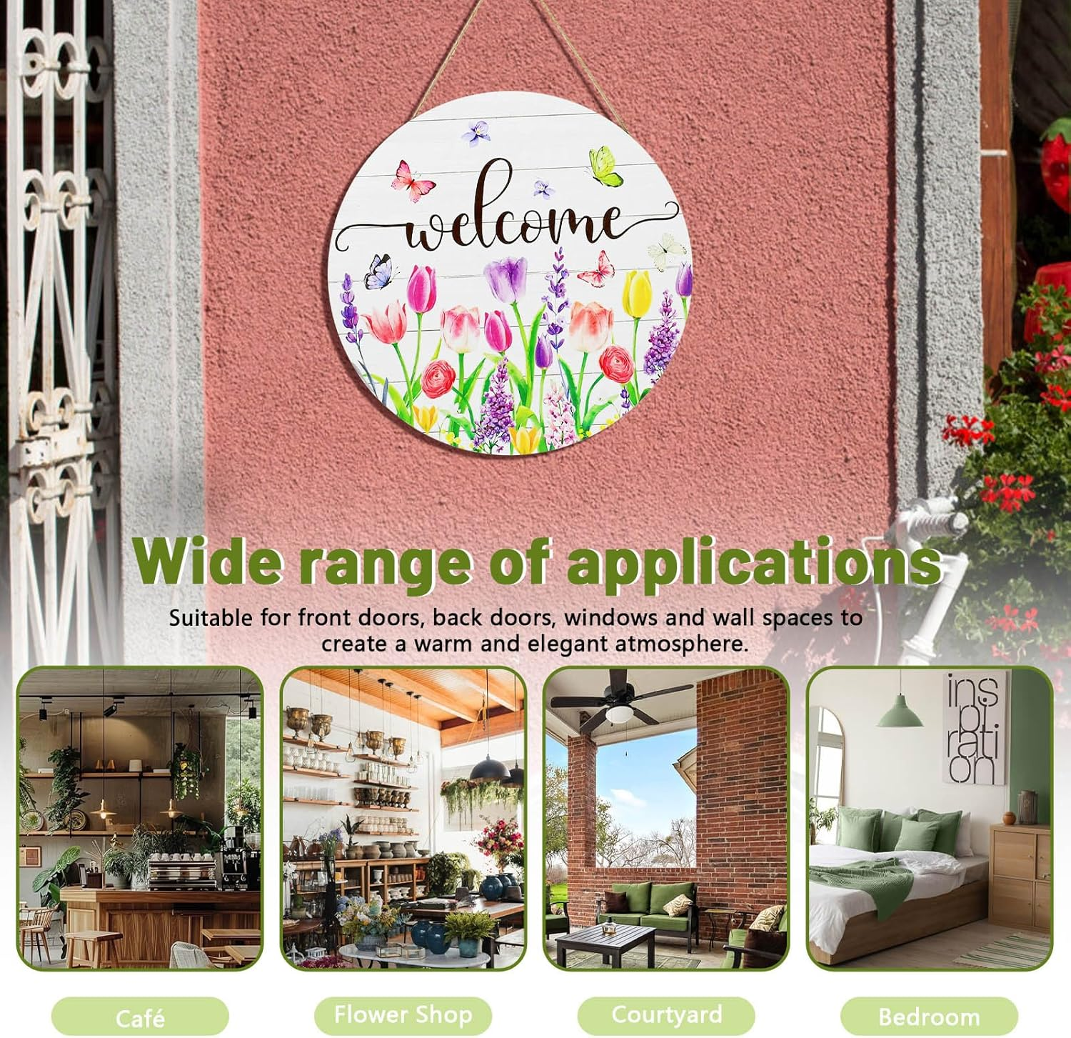 Huakaile Spring Tulip Welcome Sign for Front Door Decor, Pink Purple Floral Butterfly Welcome Door Sign, Seasonal Flower Wooden Door Hangers, Farmhouse Wreath Hanging Signs Decoration for Porch Yard - Purple image number 2