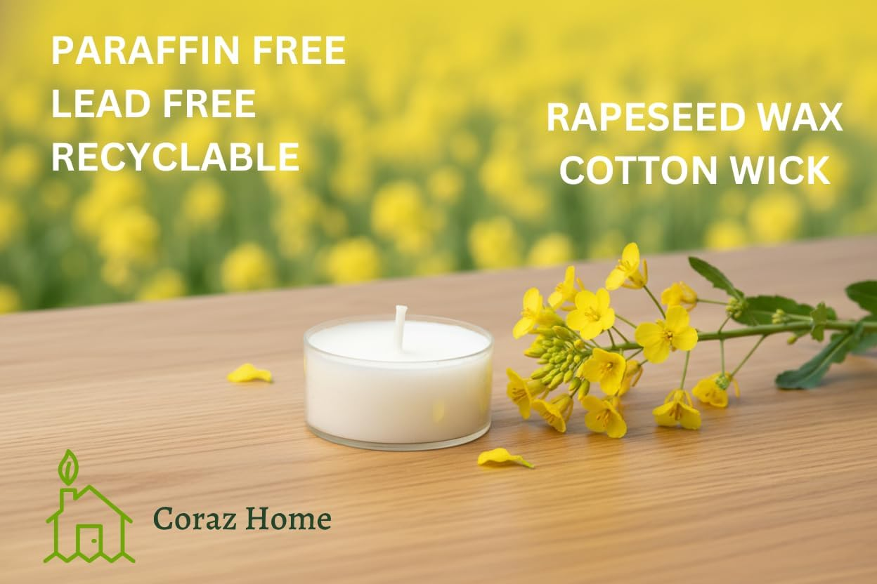 Natural Unscented Tealights 100% Rapeseed Wax Paraffin-Free Candles in Recyclable Clear Cup Natural Wax Tea Lights image number 2