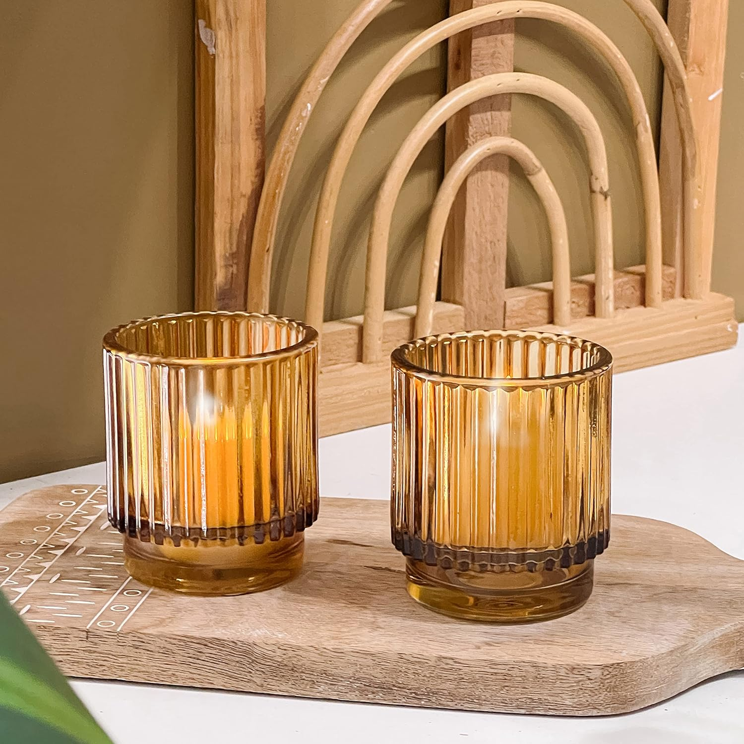Kate Aspen Vintage Ribbed Amber Glass Tealight & Votive Candle Holders (Set of 6), Fall Decor, Boho Decor, Shelf Decoration (27206AB) - Gold image number 5
