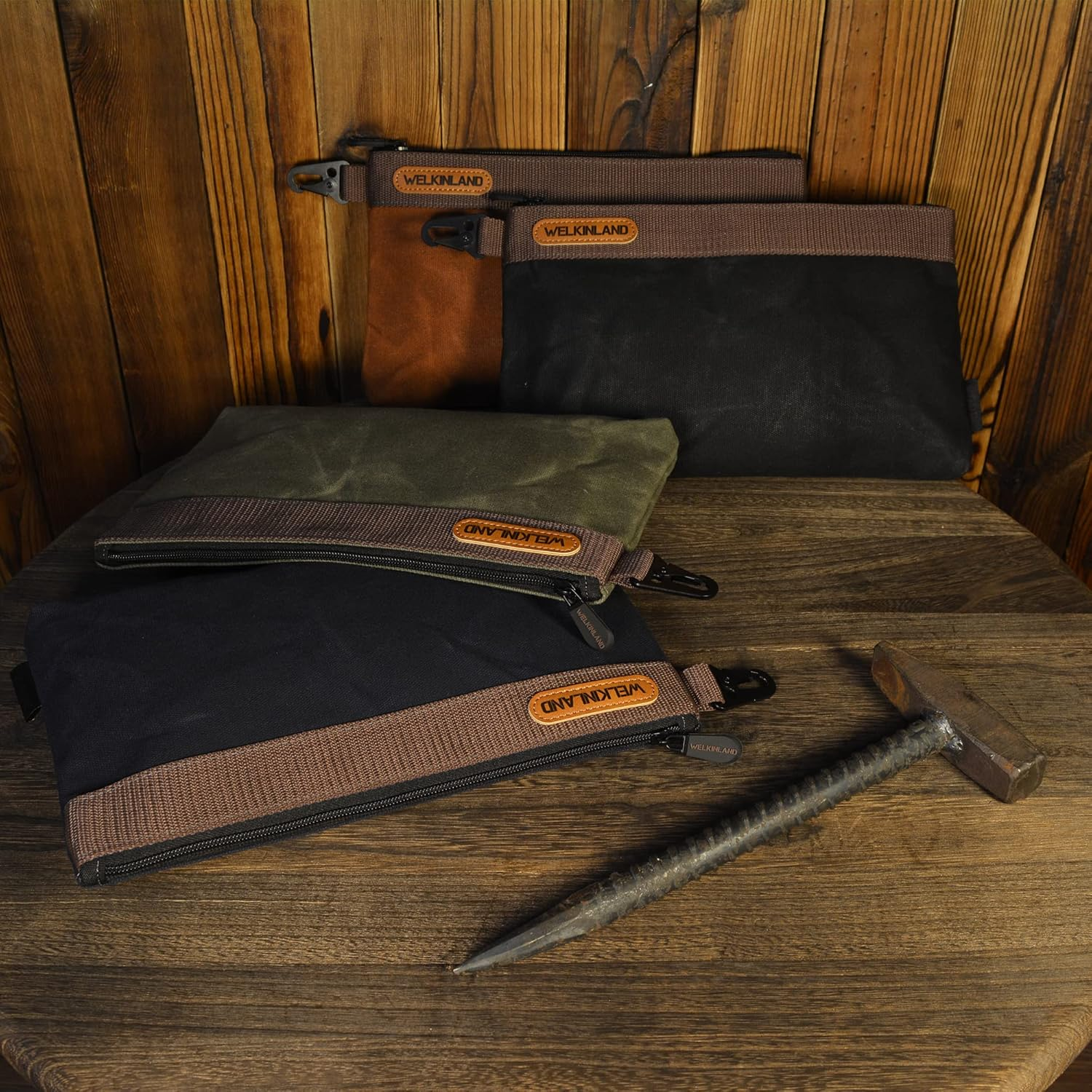 WELKINLAND 4PCS Heavy-Duty Canvas Tool Pouches, 12" Waterproof Waxed Canvas Zipper Tool Pouch Set, Black/Olive/Navy/Brown image number 2