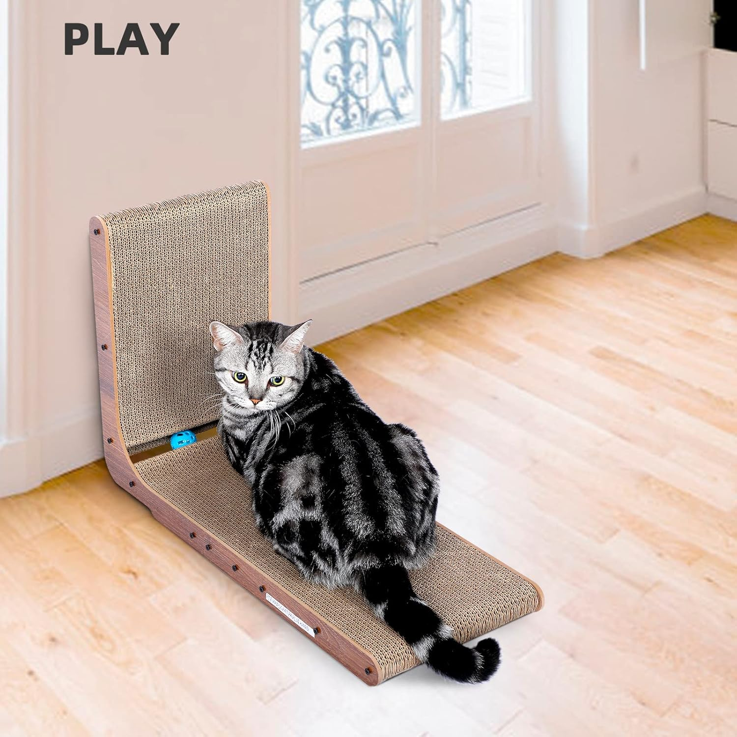 Cat Scratcher with Cat Toys Ball Track, Build-In Ball, L-Shaped Scratcher, Cardboard Lounge Bed, Stable and Durable, Furniture Protector, Reversible