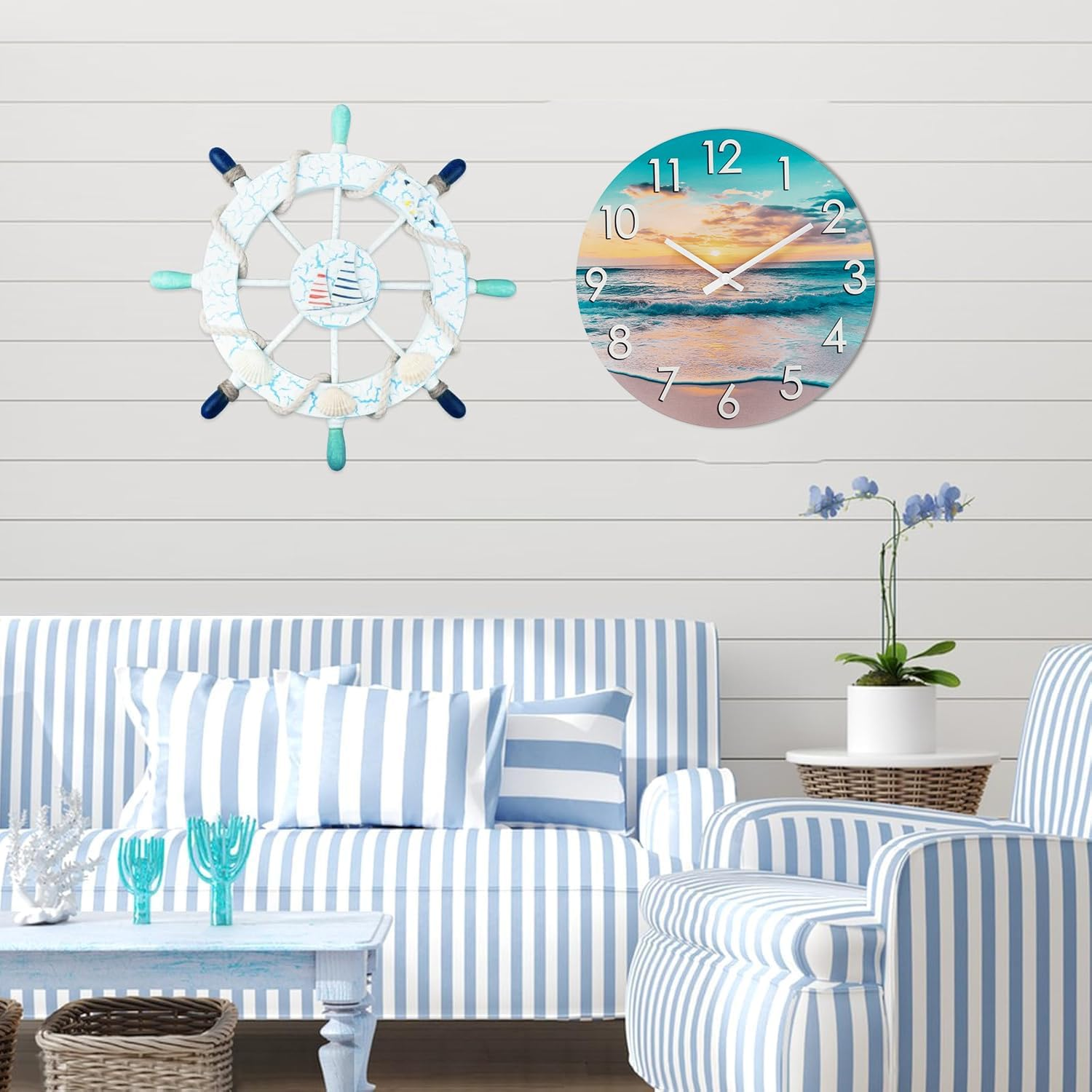 14 Inch Outdoor Clock, Waterproof Indoor/Outdoor Wall Clock with Beach Coastal Theme Large Glass Clock for Patio, Pool, Garden Decor -Blue - 14 Nautical Blue image number 7