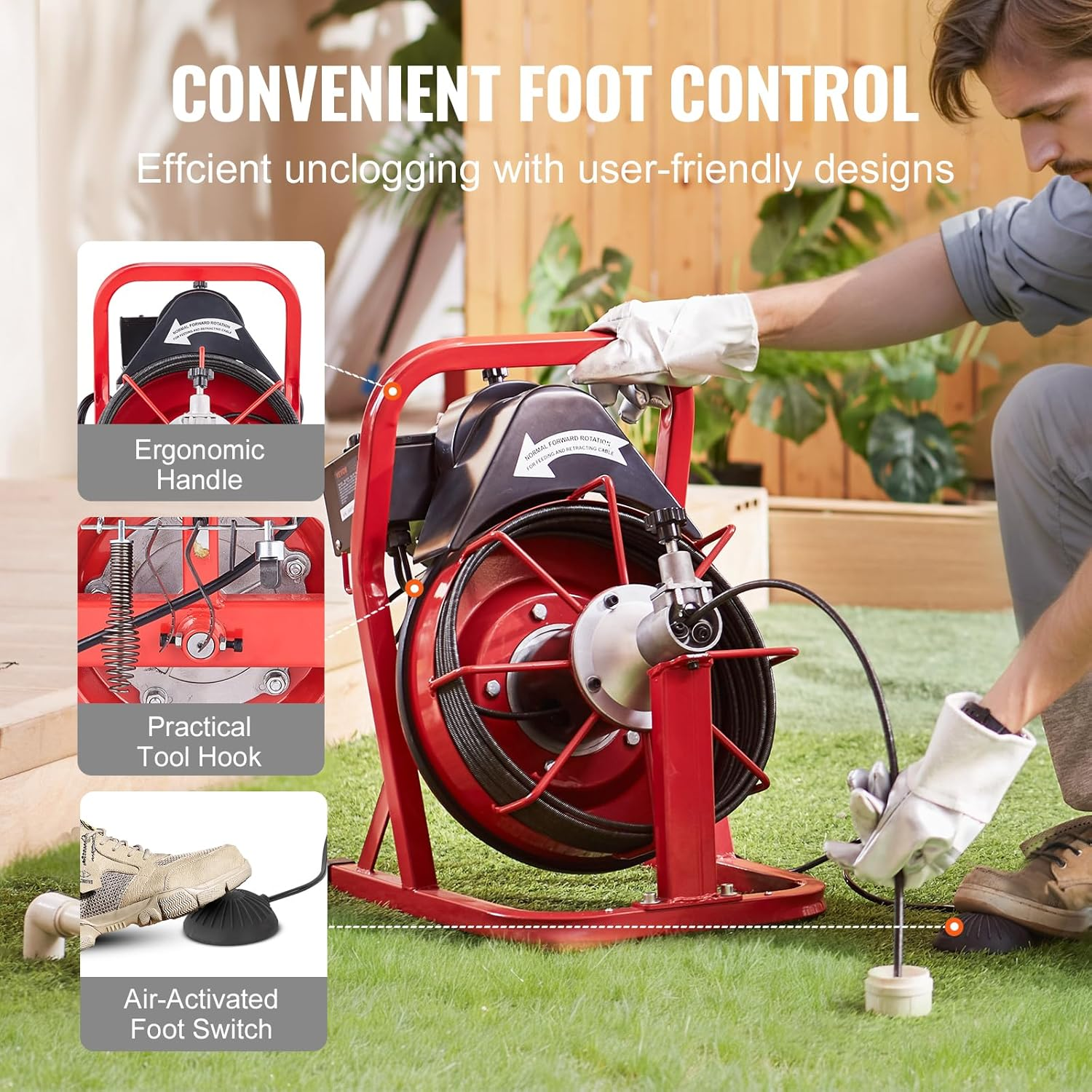 VEVOR Drain Cleaner Machine 50FT X 3/10 Inch, Auto Feed Sewer Snake Auger, 250W Electric Drain Cleaning Machine with 4 Cutters & Air-Activated Foot Switch for 2" to 4" Pipes image number 6