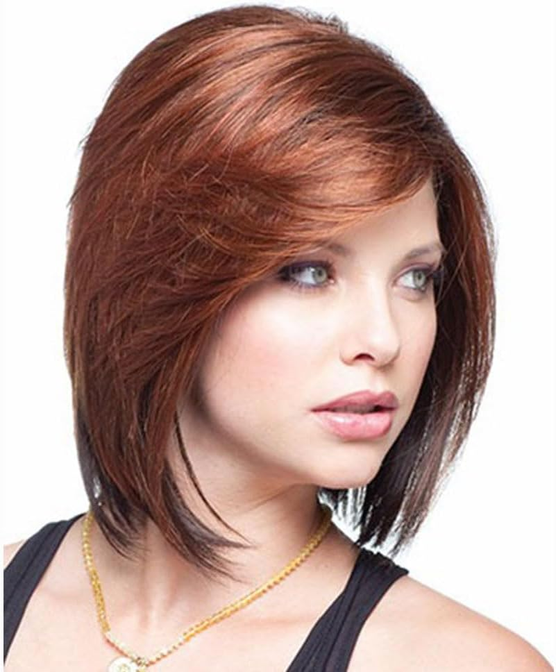 AUBWIG Short Bob Reddish Brown Straight Hair Wigs Shoulder Length Straight Side Bangs Synthetic Fibre Heat Resistant Hair for Women (Red-Brown) image number 6