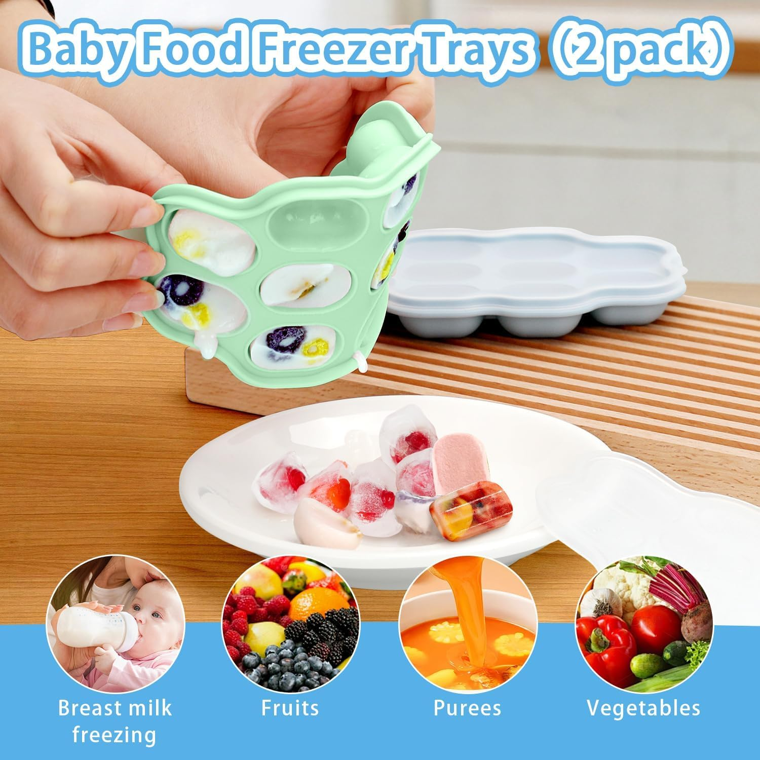 Baby Silicone Fruit Food Feeder Pacifier, 2 Pack Freezer Tray Set for Babies-Breastmilk Storage Container and Freezer Tray-Teething Popsicle Molds for Soothing Relief image number 5