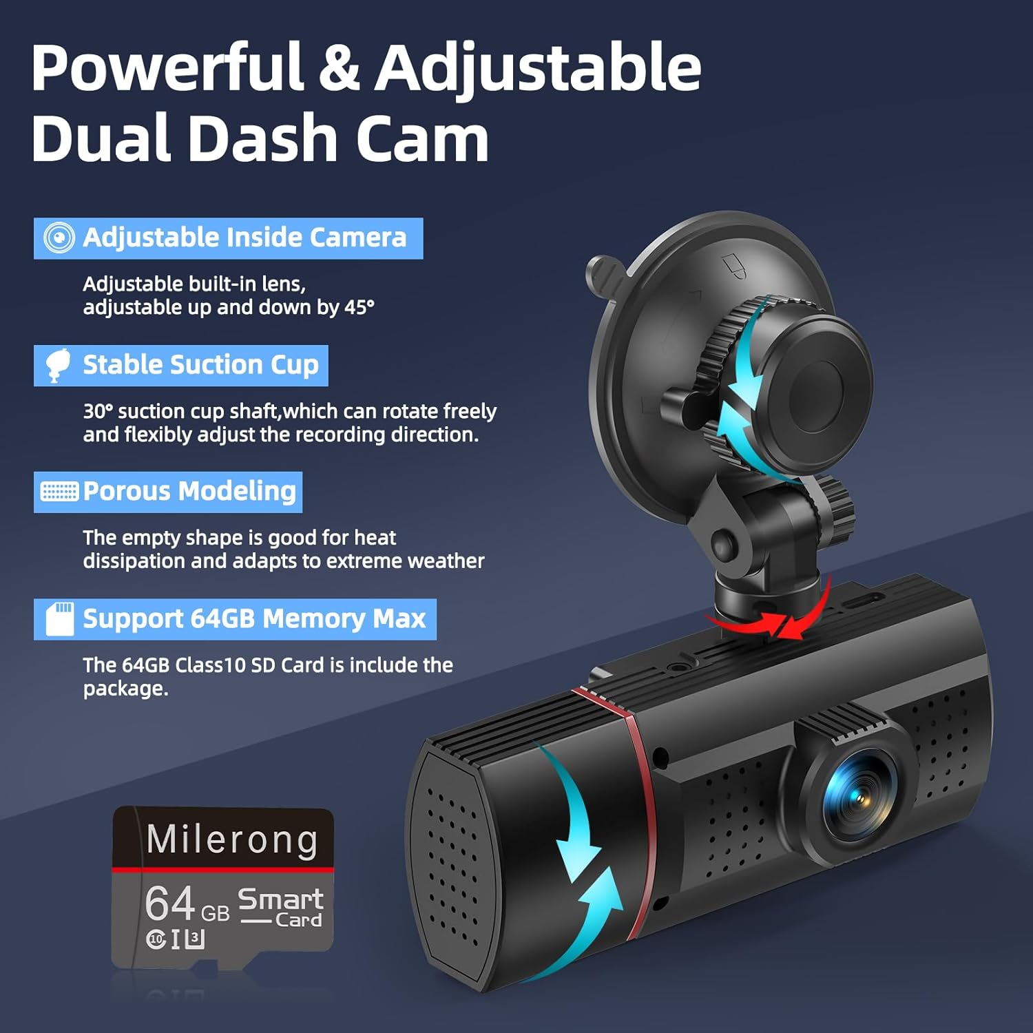 Dual Dash Cam Front and inside with 64GB Card,Milerong X25 1080P Dash Camera for Cars with Infrared Night Vision,Loop Recording,G-Sensor,24H Park Monitor,Inside Car Camera for Uber/Lyft/Taxi Driver image number 2