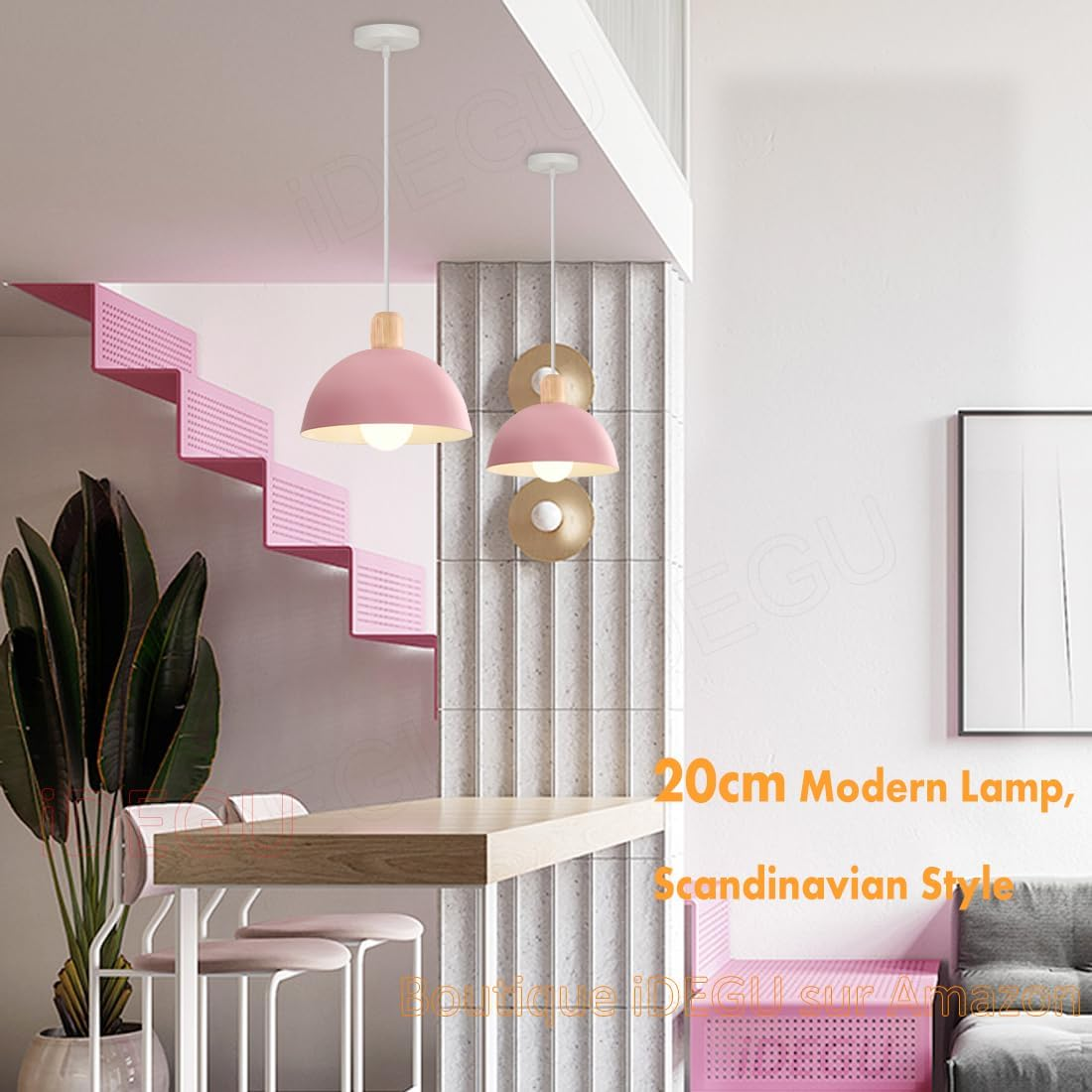 Idegu Diameter 20 Cm Pendant Lamp Retro E27 LED Pendant Light Modern Scandinavian Ceiling Light Made of Metal Wood Pendant Light for Bedroom Dining Room Kitchen Restaurant (Pink, 1 Piece) image number 5