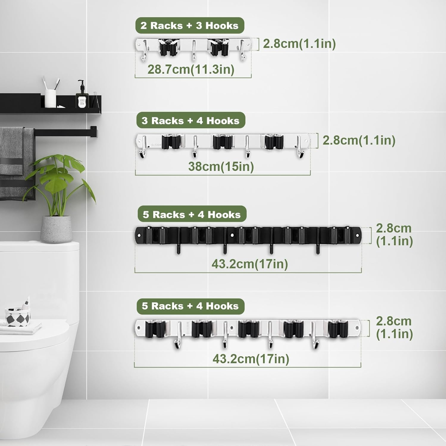 Broom and Mop Holder Wall Mounted Garage Organizer Storage Tool Racks Stainless Steel Heavy Duty Hooks Self Adhesive Solid Non-Slip Rustproof Durable Wall Hangers for Home, Kitchen, Garden, Laundry Room, Garage Organization and Storage (2 Racks & 3 Hooks) image number 2