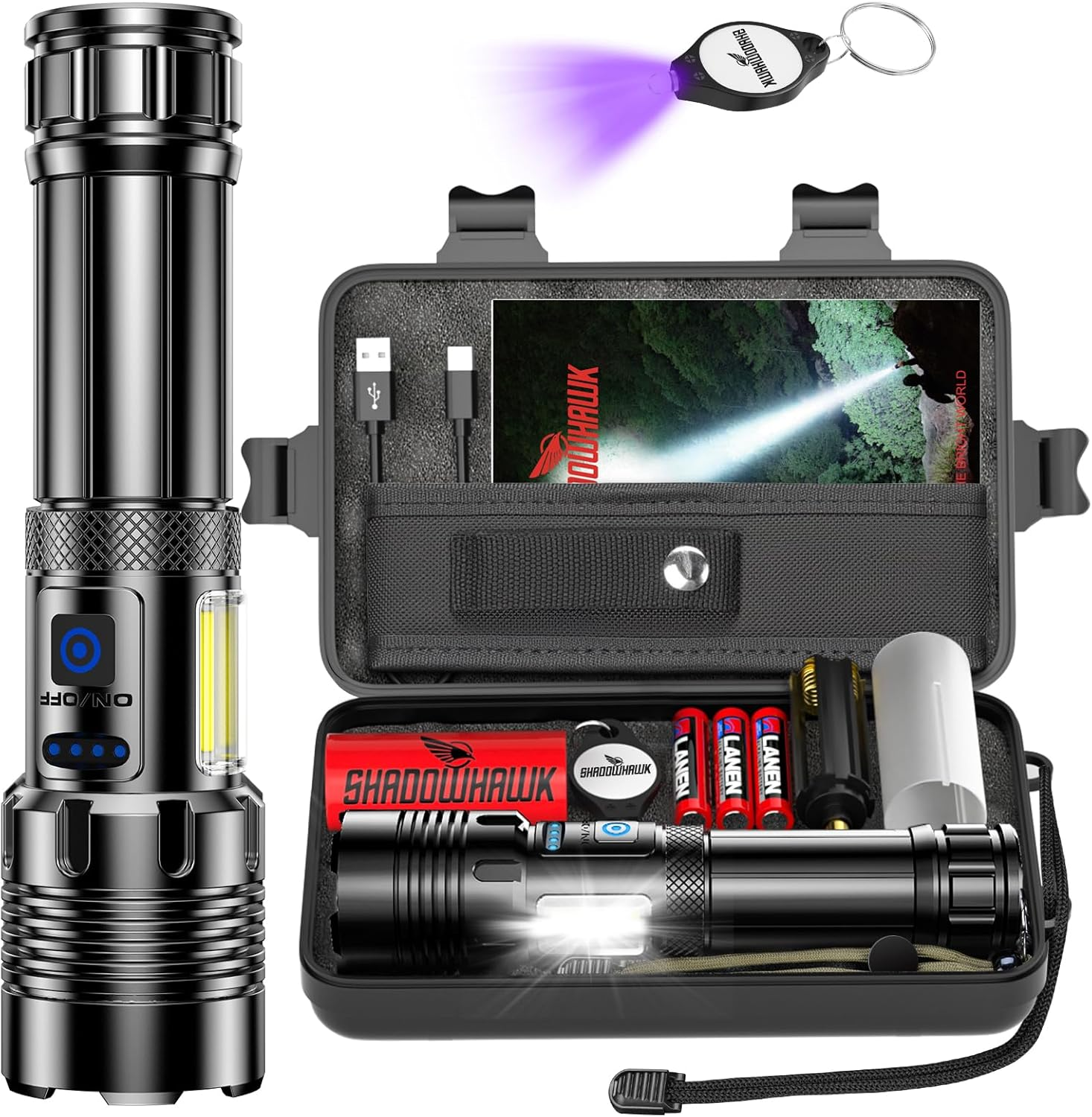 Shadowhawk LED Torch 500,000 Lumens, Extremely Bright Torch USB Rechargeable Tactical Torches with Holster XHP70.2, IP67 Waterproof, 5 Light Modes for Camping, Hiking, Emergencies image number 3