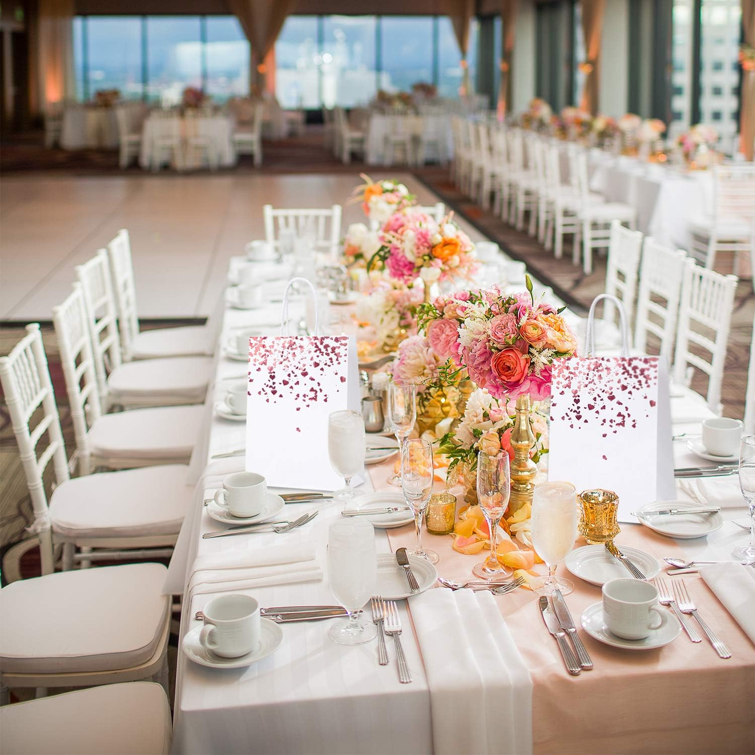 Cooraby 30 Pieces Bronzing Rose Gold Paper Bags White Bags Wedding Party Bags Rose Gold Party Favor Bags Kraft Bag with Handle for Party Celebrations image number 3