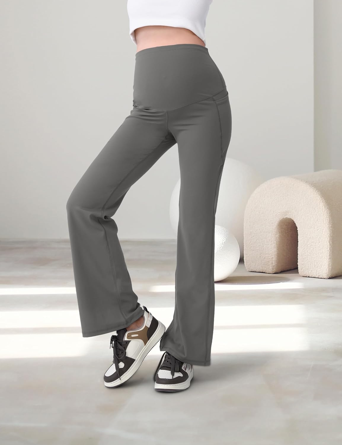 SUNNYBUY Women'S Sports Pregnancy Leggings Opaque Yoga Trousers for Pregnant Women, Bootcut Maternity Trousers over the Stomach, High Waist Leggings with Pockets image number 2