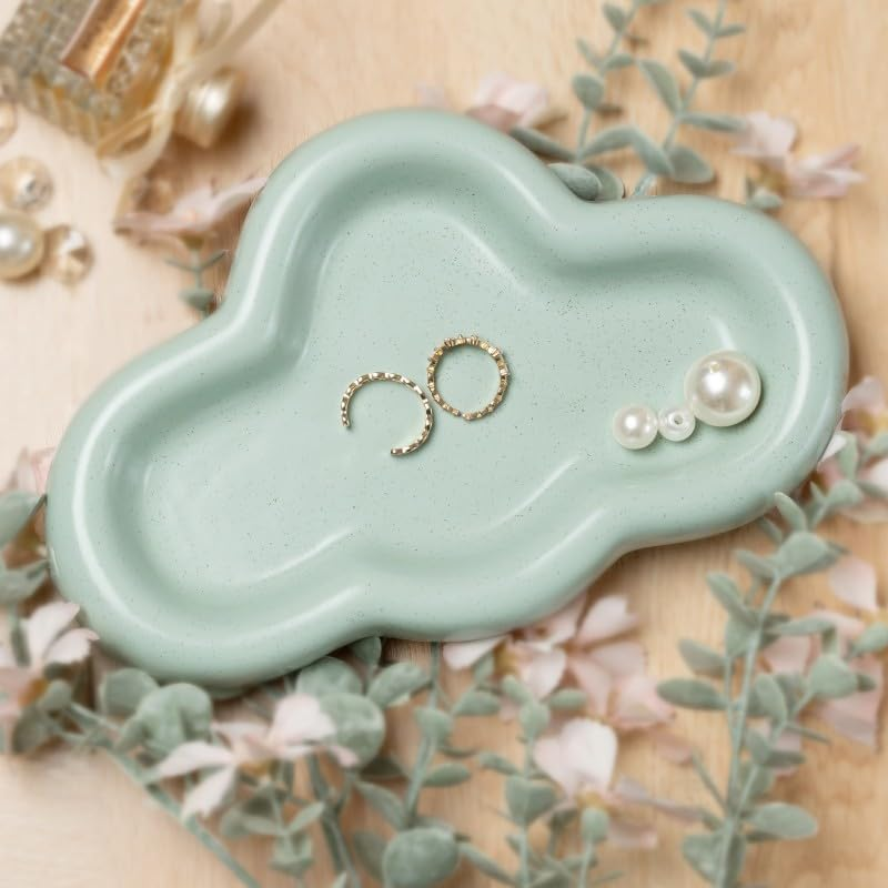 Cloud Trinket Dish, Chubby Jewelry Tray, Ceramic Jewelry Ring Trinket Dish for Rings Earrings Necklace Organizer, Mother'S Day Thanksgiving Christmas Birthday Bridesmaid Gifts (T-Green) - Cr&egrave;me image number 7